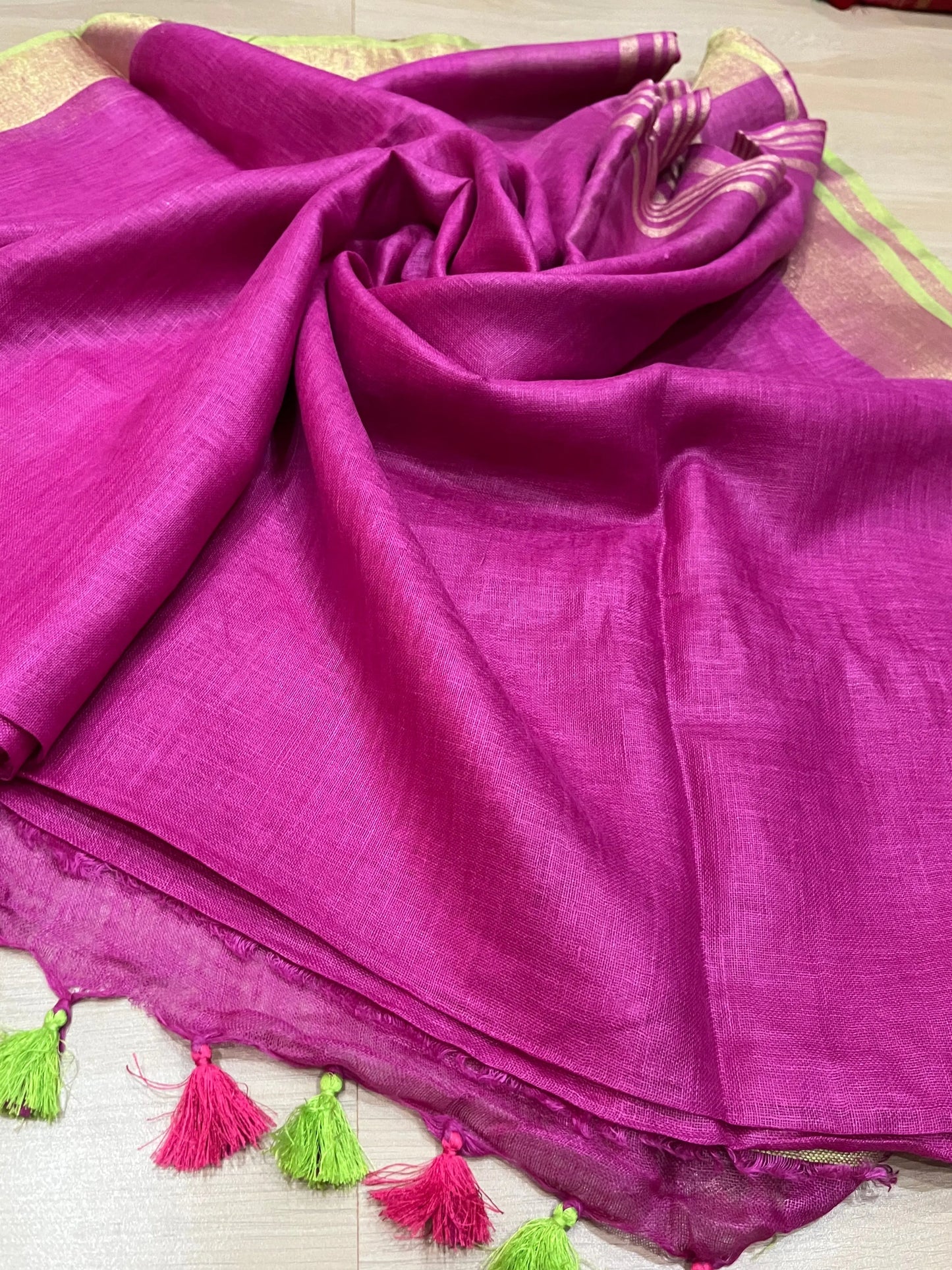 Magenta Shade Handwoven organic Linen Saree | Silver Zari border| KIHUMS Saree kihums clothing