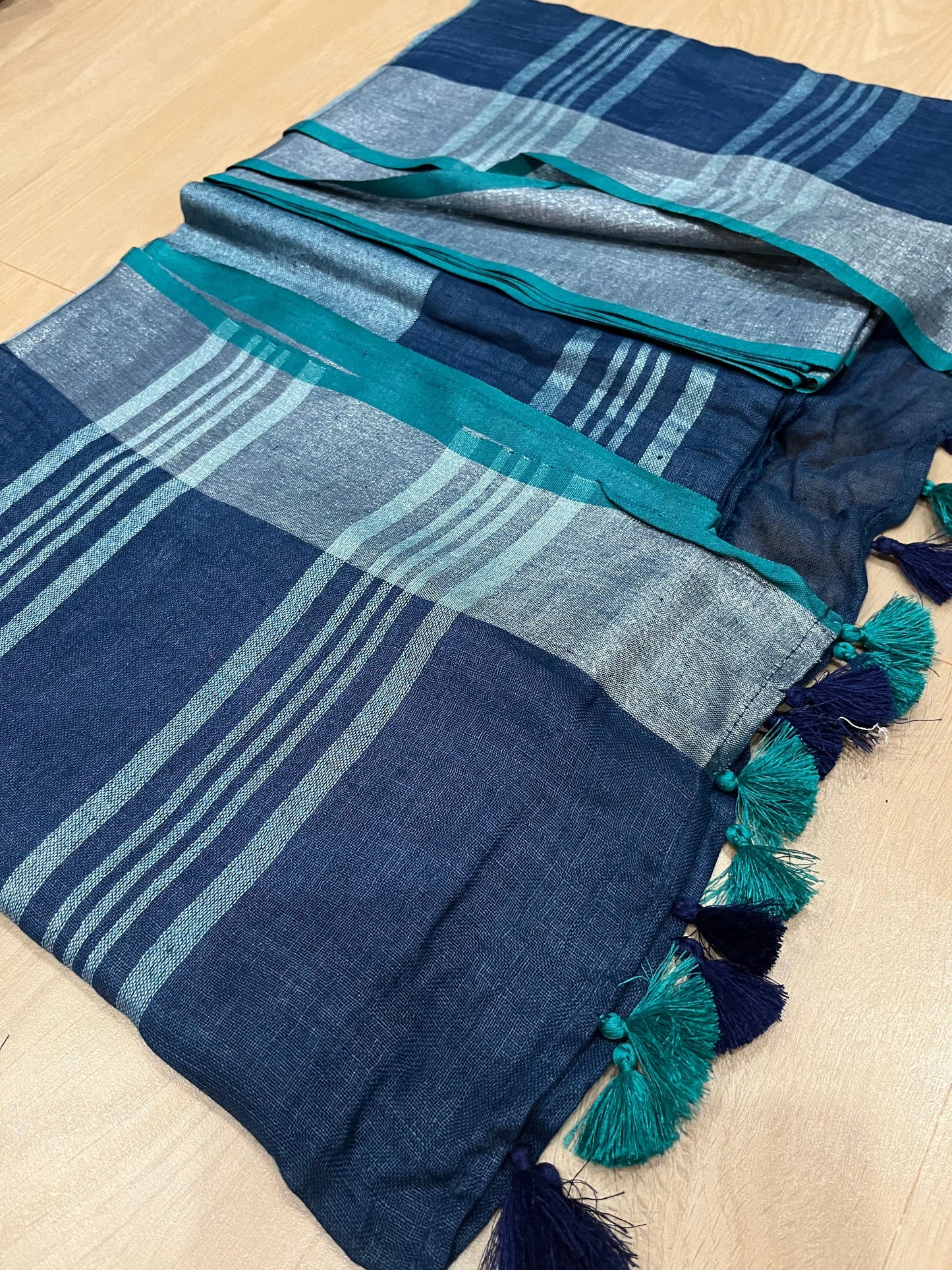 Blue Shade Handwoven organic Linen Saree | Silver Zari border| KIHUMS Saree kihums clothing