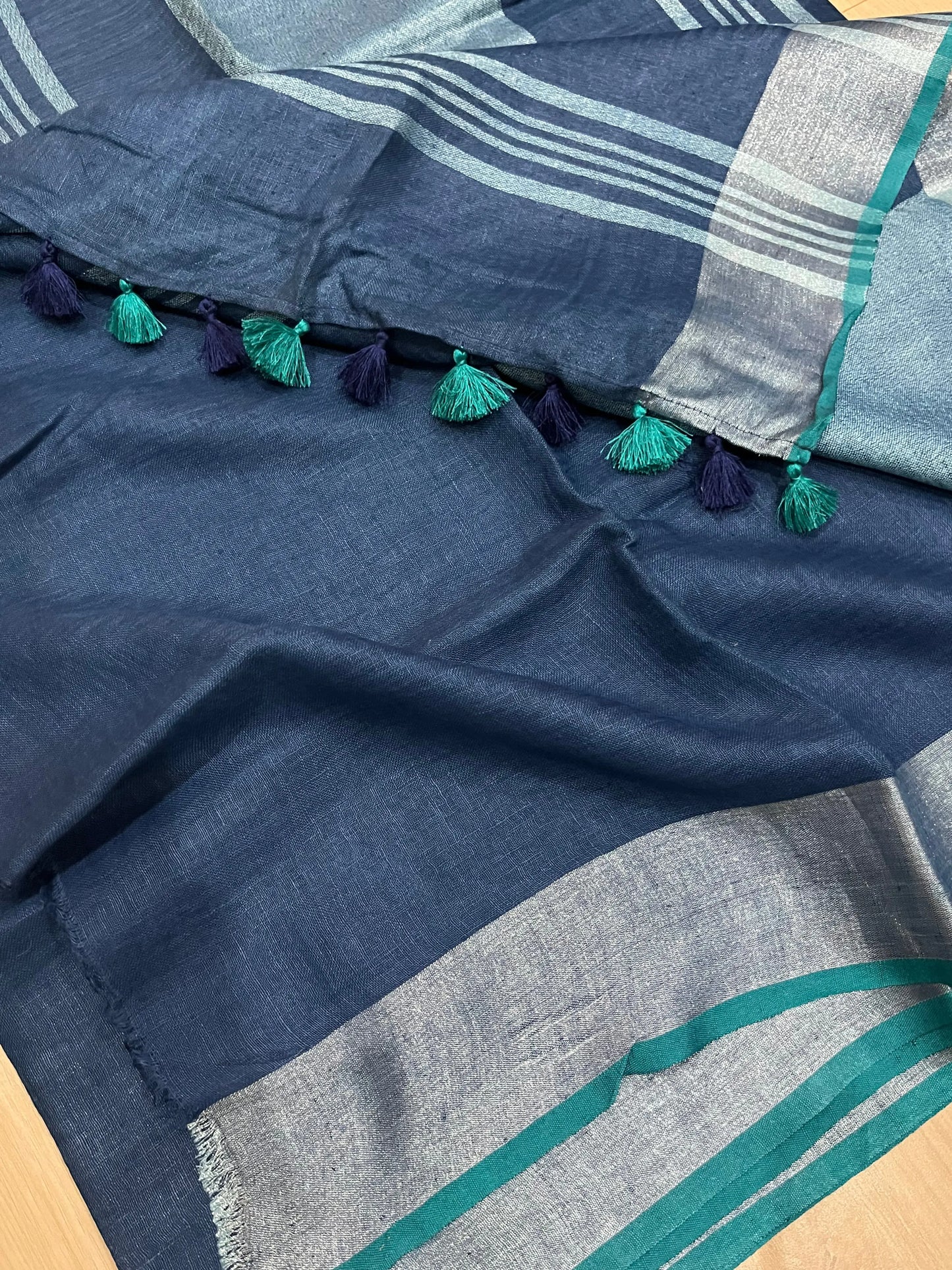 Blue Shade Handwoven organic Linen Saree | Silver Zari border| KIHUMS Saree kihums clothing
