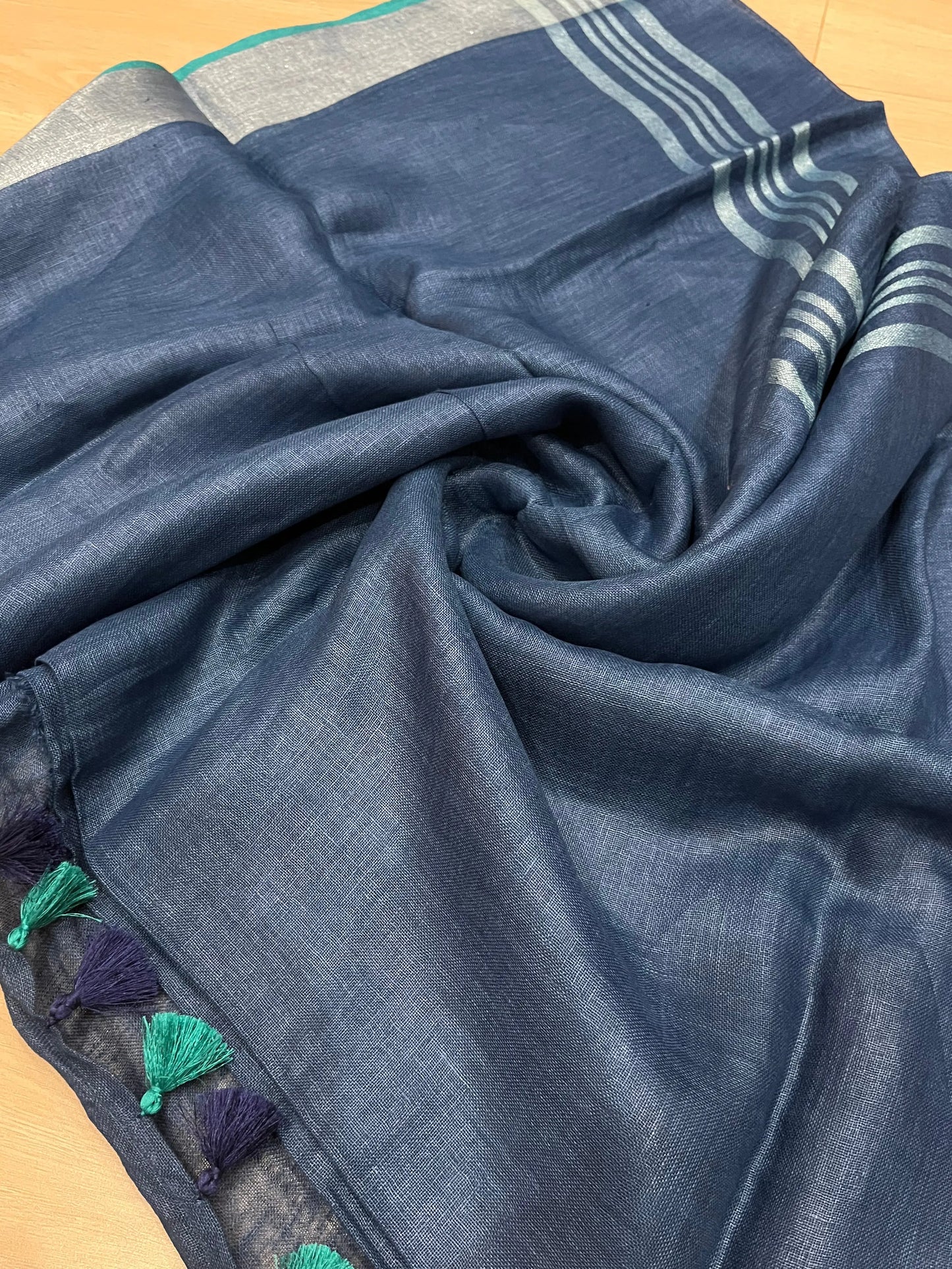 Blue Shade Handwoven organic Linen Saree | Silver Zari border| KIHUMS Saree kihums clothing