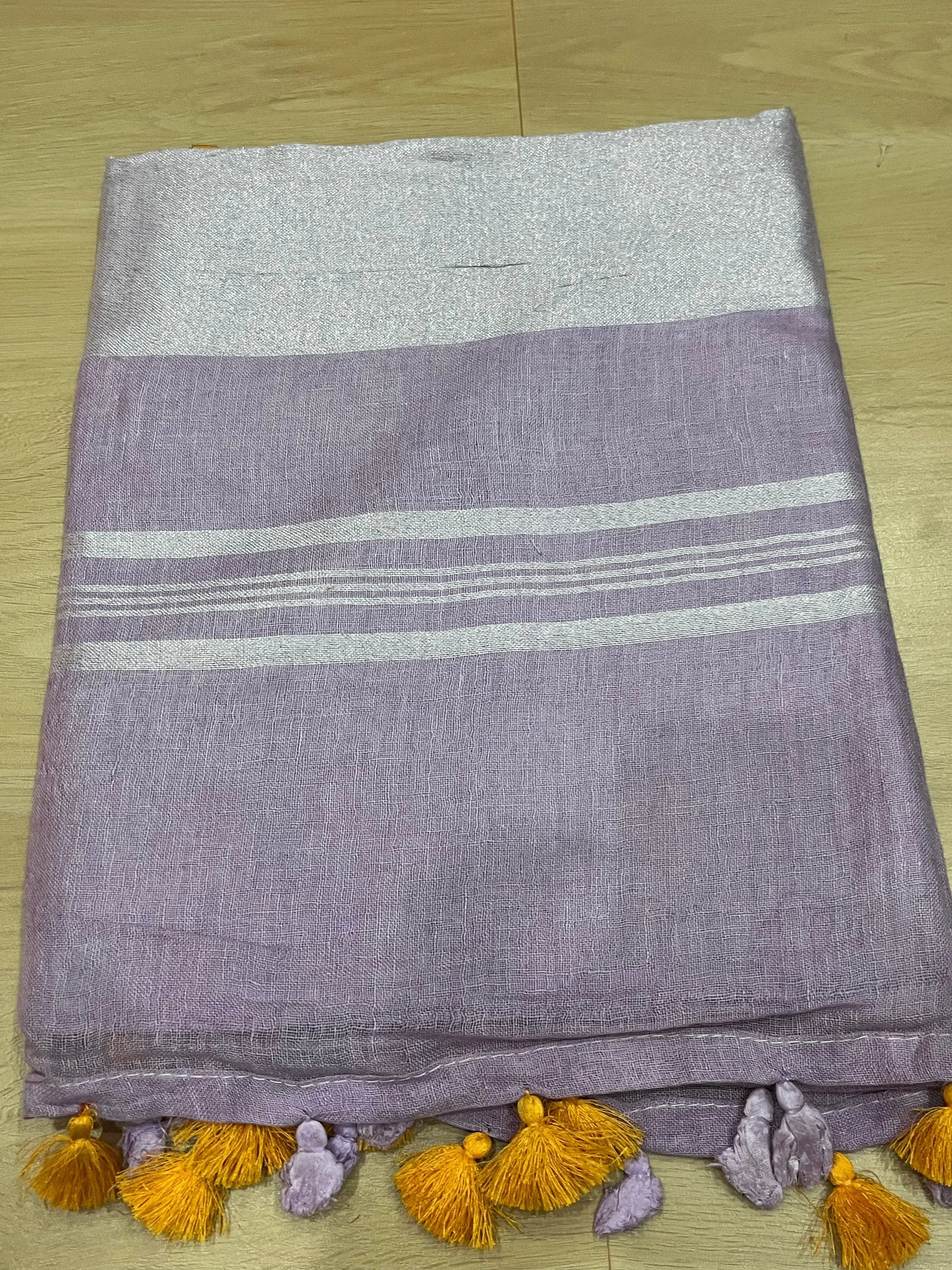 Light Lavender shade Handwoven organic Linen Saree | Silver Zari border| KIHUMS Saree