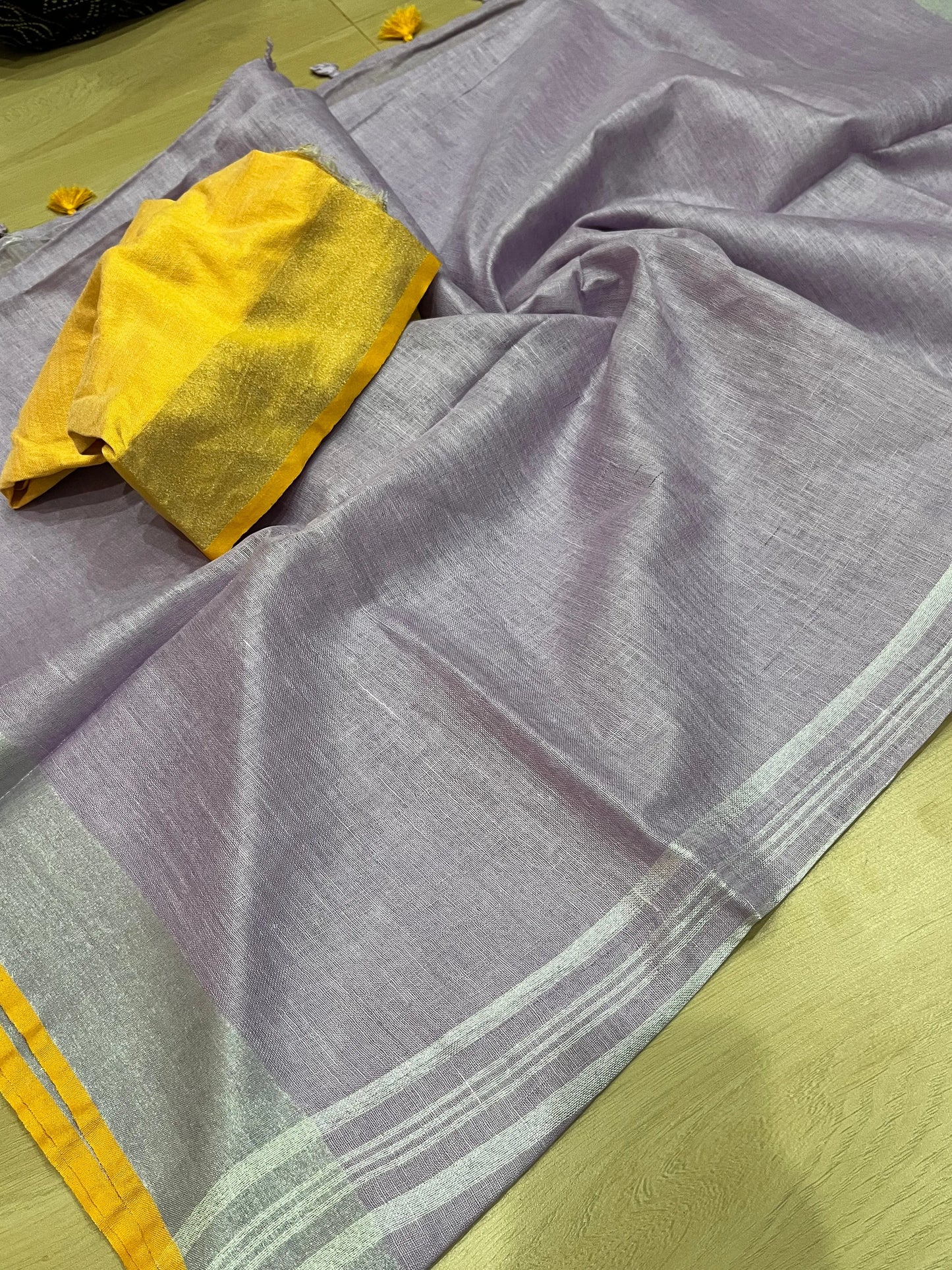 Light Lavender shade Handwoven organic Linen Saree | Silver Zari border| KIHUMS Saree