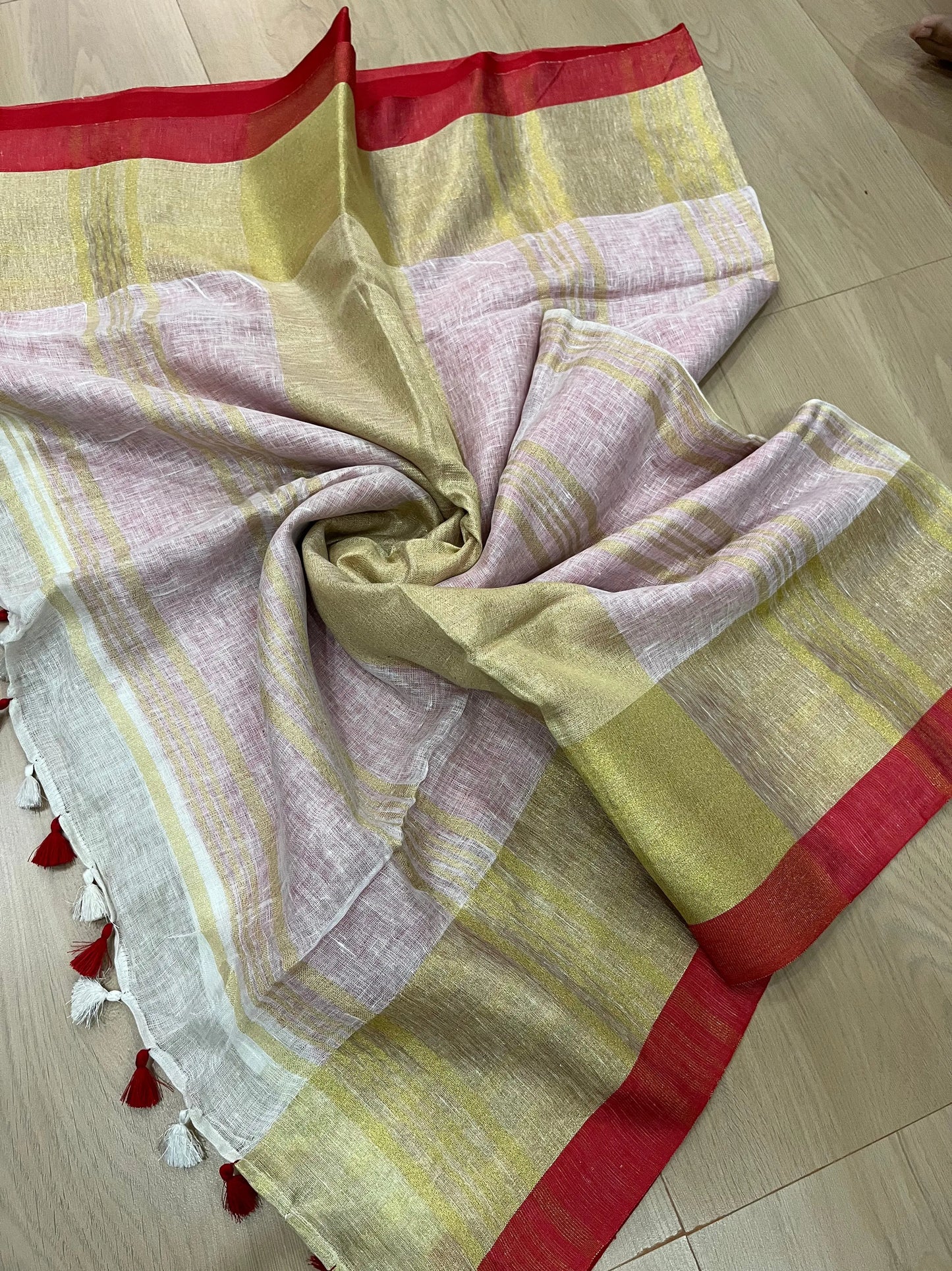 White shade Handwoven organic Linen Saree | Gold Zari border| KIHUMS Saree kihums clothing