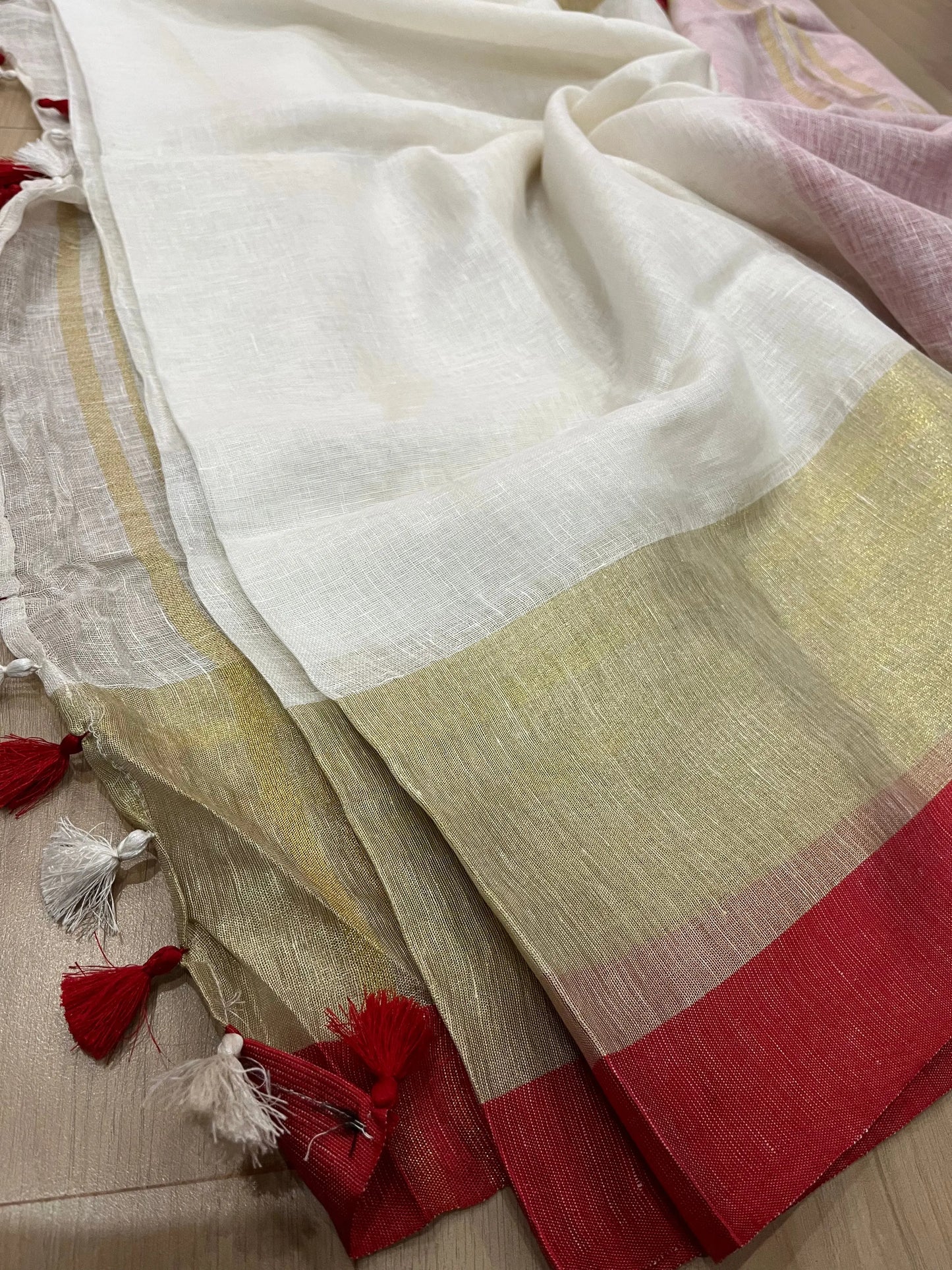 White shade Handwoven organic Linen Saree | Gold Zari border| KIHUMS Saree kihums clothing