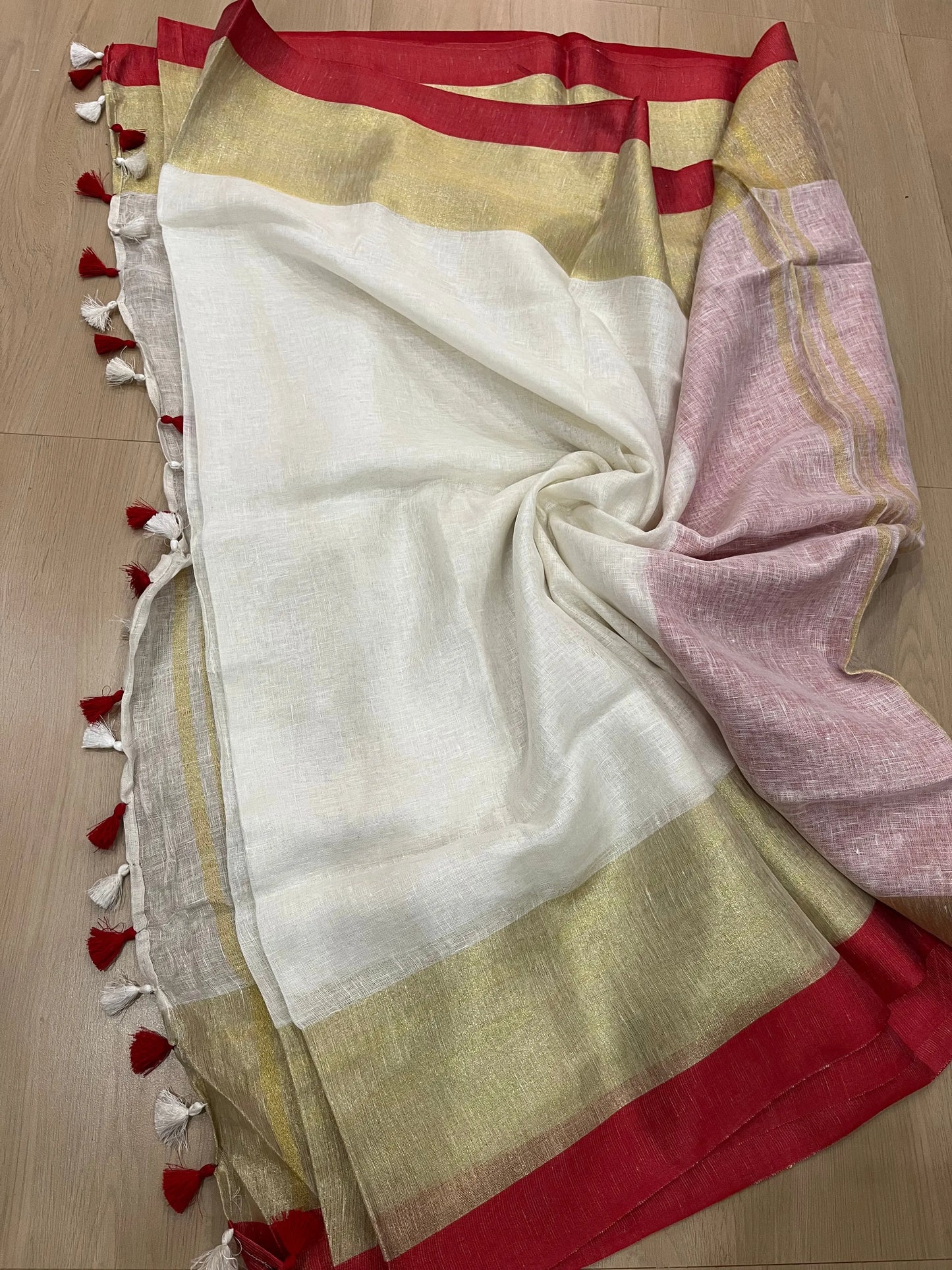 White shade Handwoven organic Linen Saree | Gold Zari border| KIHUMS Saree kihums clothing
