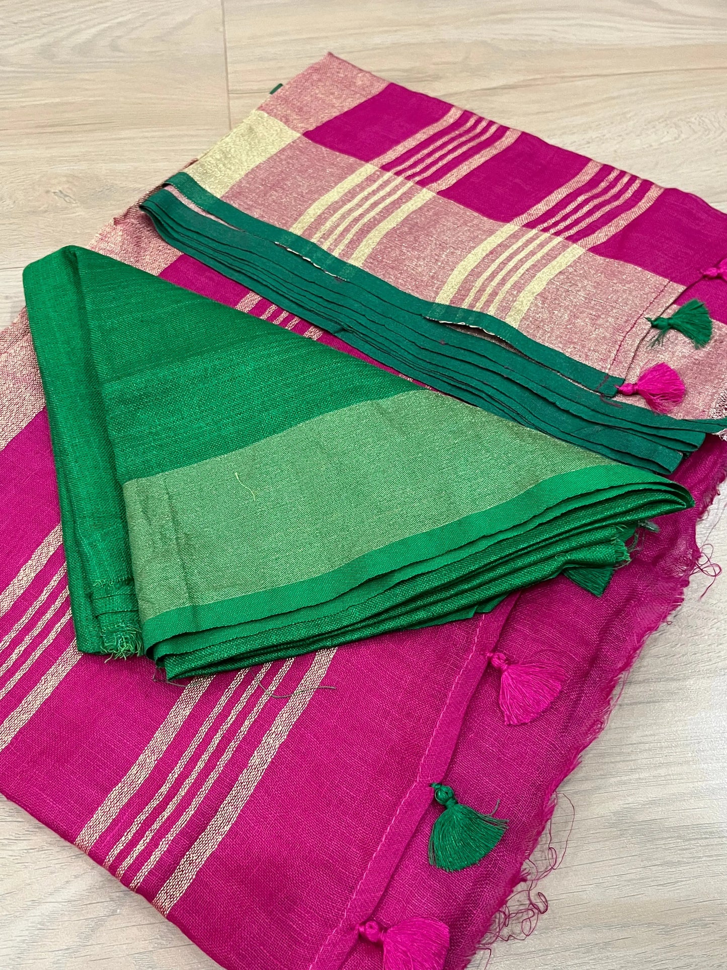 Bright Pink Handwoven organic Linen Saree | Gold Zari border| KIHUMS Saree