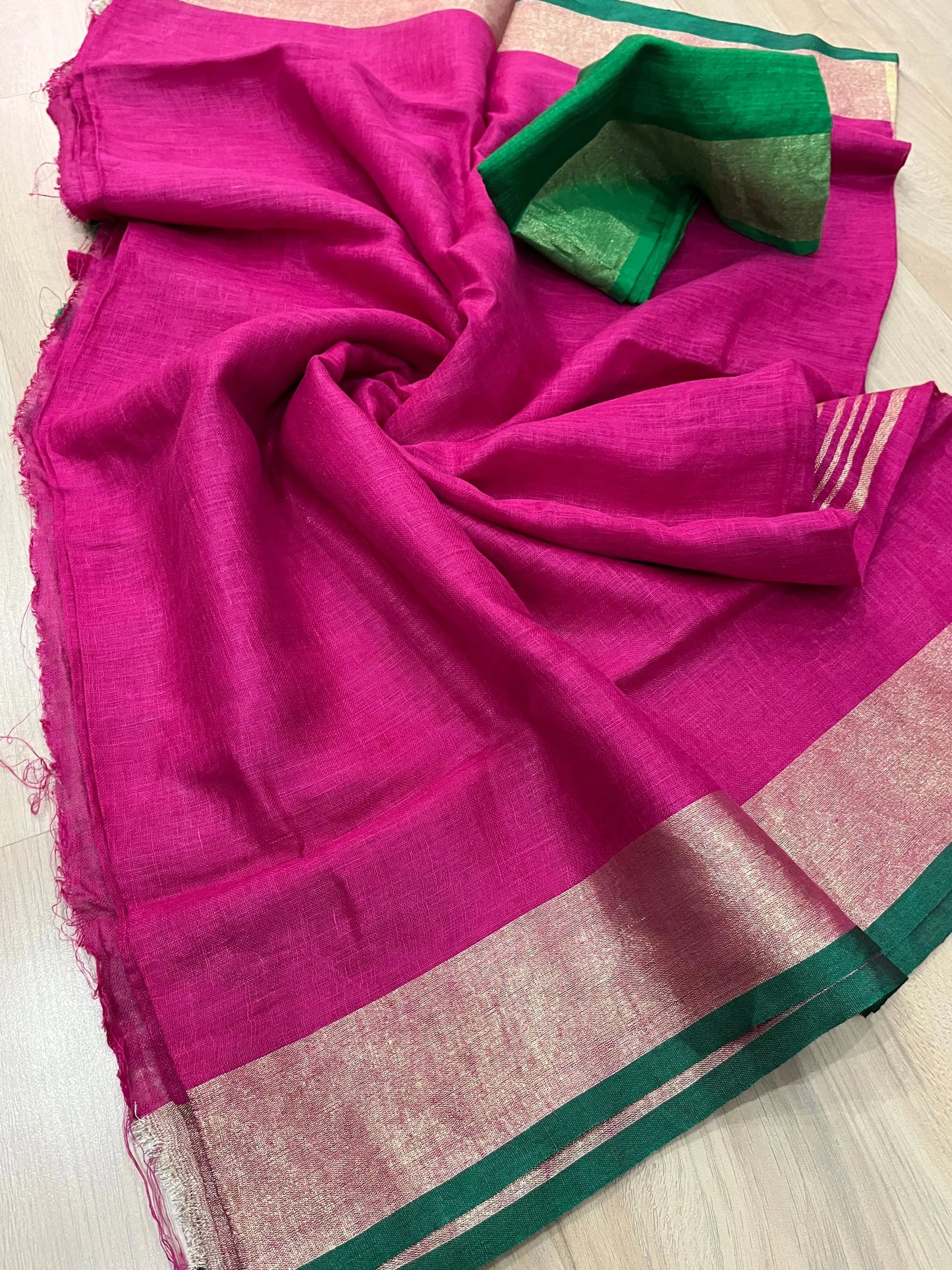 Bright Pink Handwoven organic Linen Saree | Gold Zari border| KIHUMS Saree