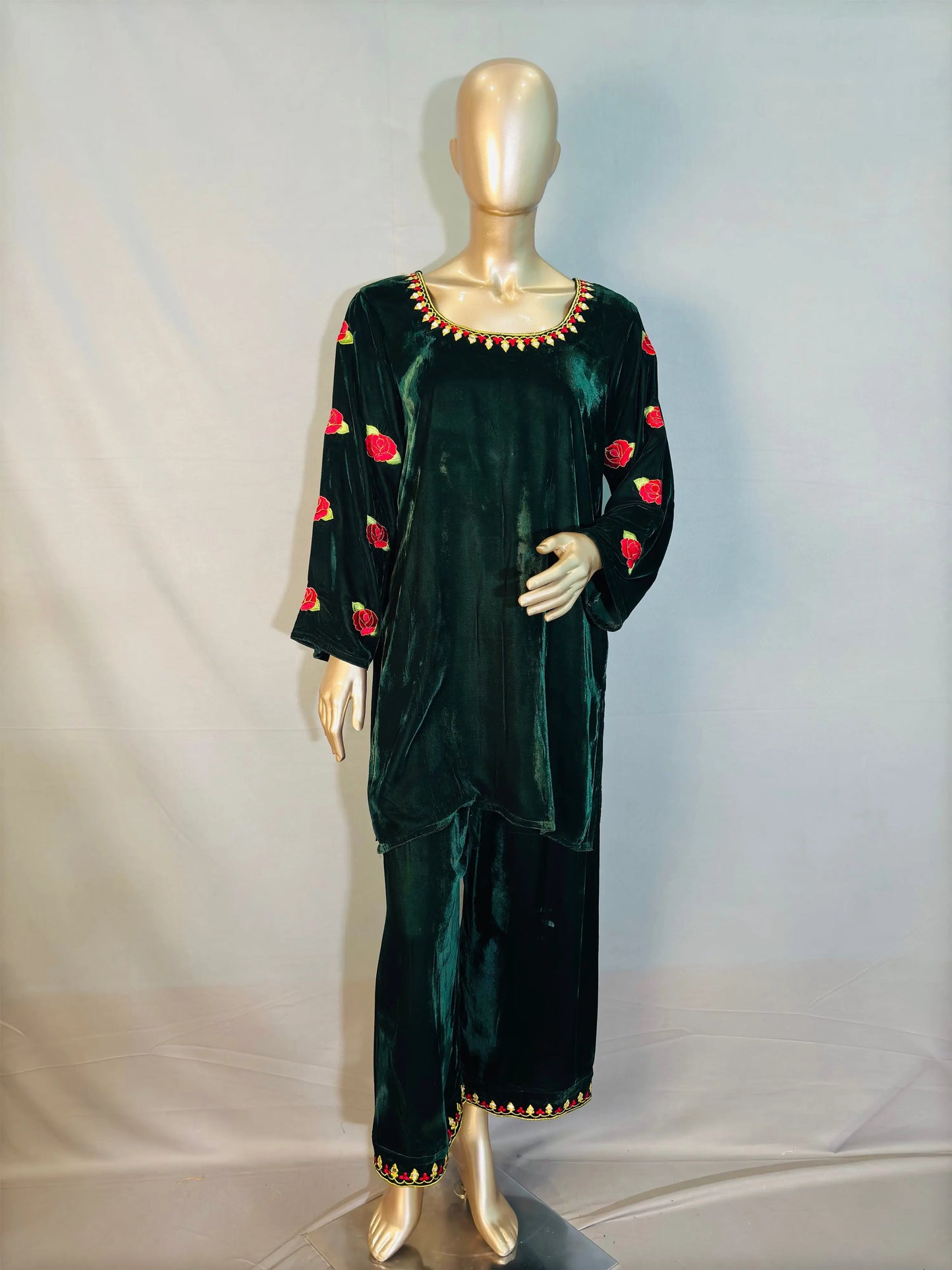 Dark Green Zari Embroidered Velvet Co-ord sets | Kurta with Palazzos kihums clothing