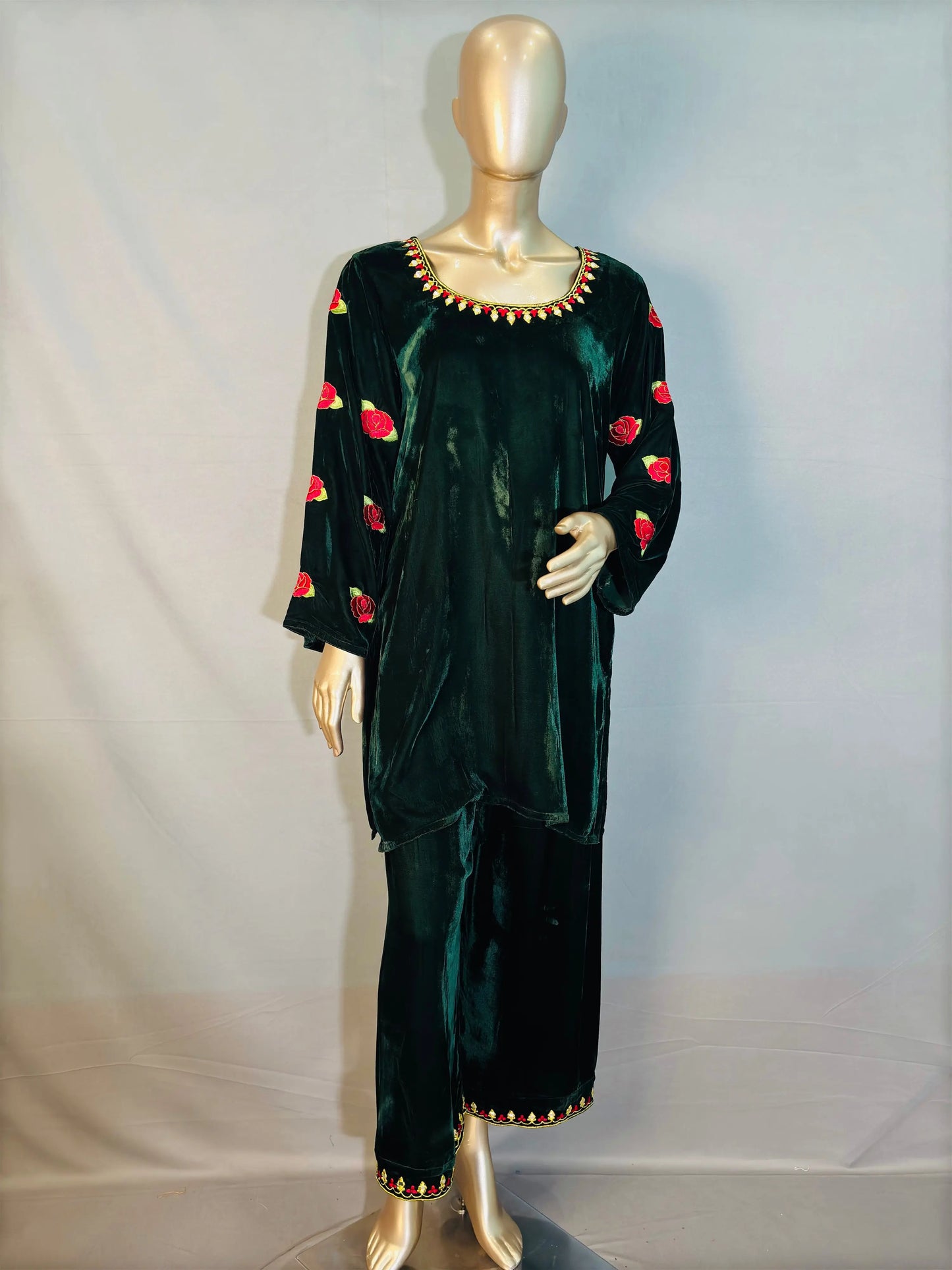 Dark Green Zari Embroidered Velvet Co-ord sets | Kurta with Palazzos kihums clothing