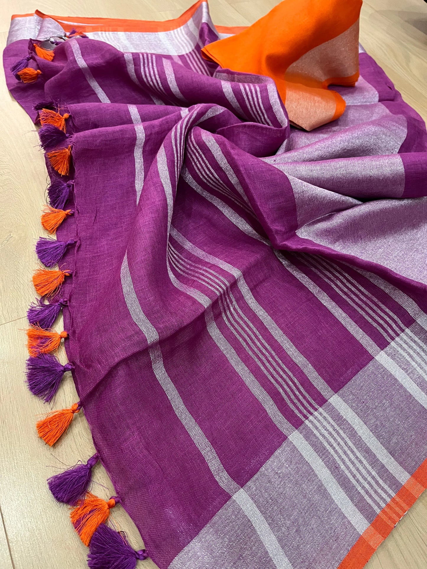Magenta Handwoven organic Linen Saree | Silver Zari border| KIHUMS Saree