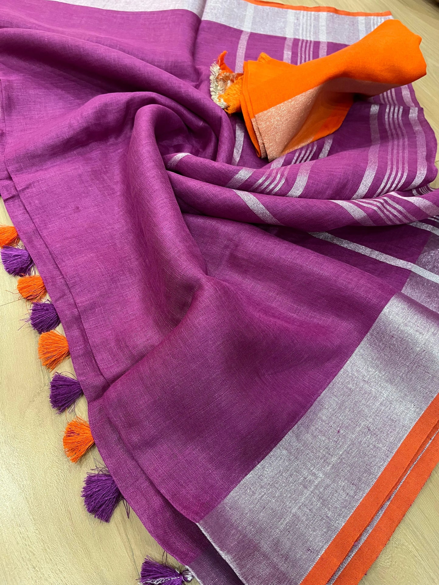 Magenta Handwoven organic Linen Saree | Silver Zari border| KIHUMS Saree