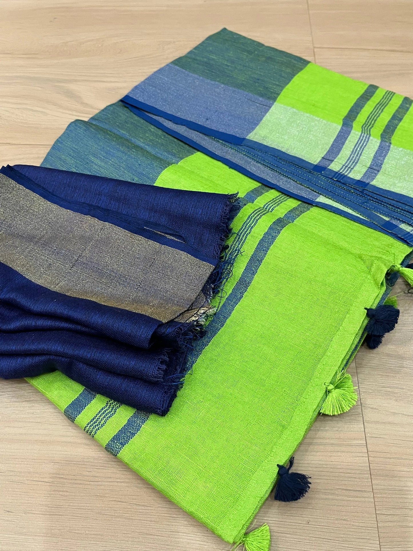 Green Handwoven organic Linen Saree | Silver Zari border| KIHUMS Saree