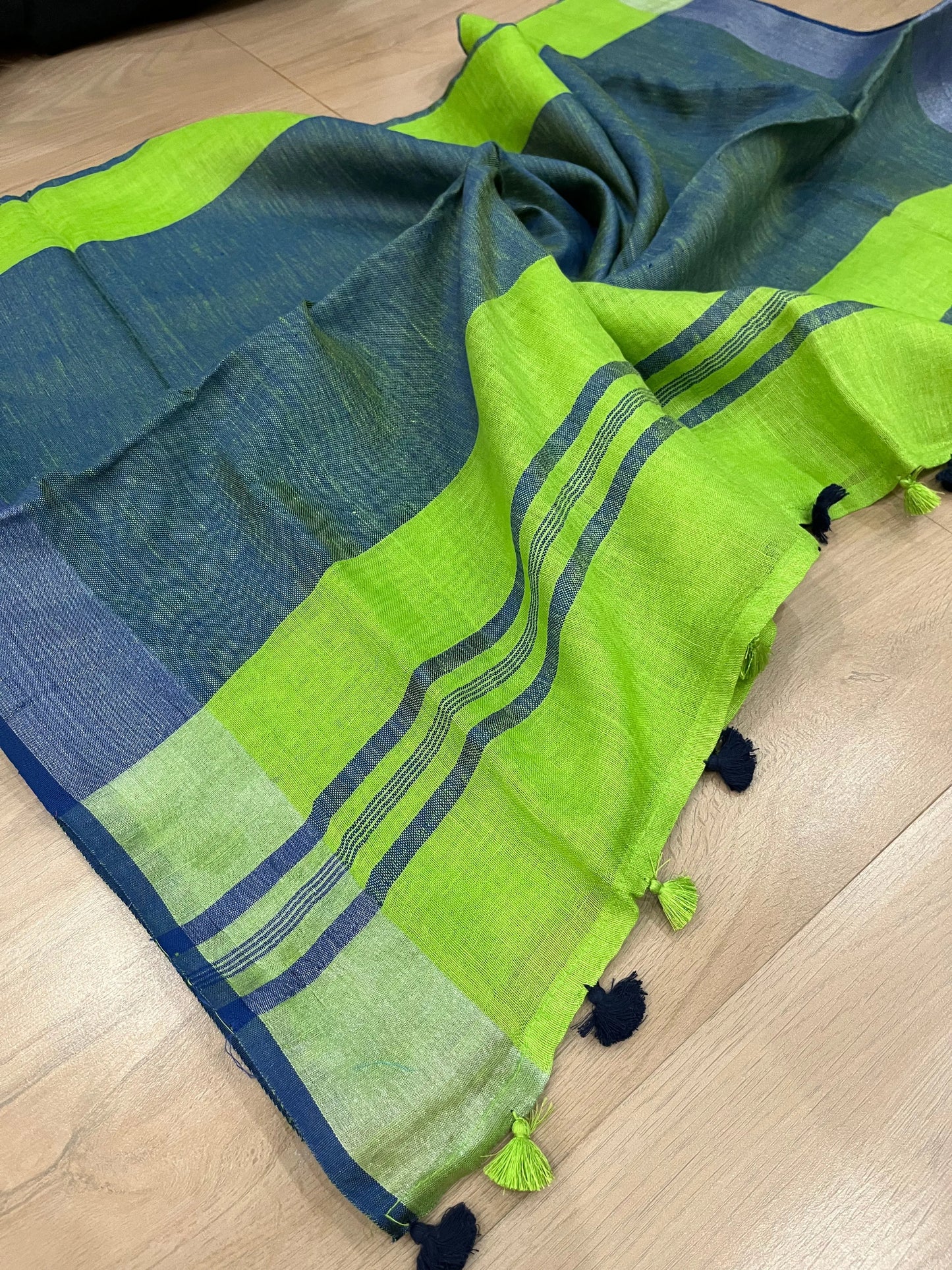 Green Handwoven organic Linen Saree | Silver Zari border| KIHUMS Saree