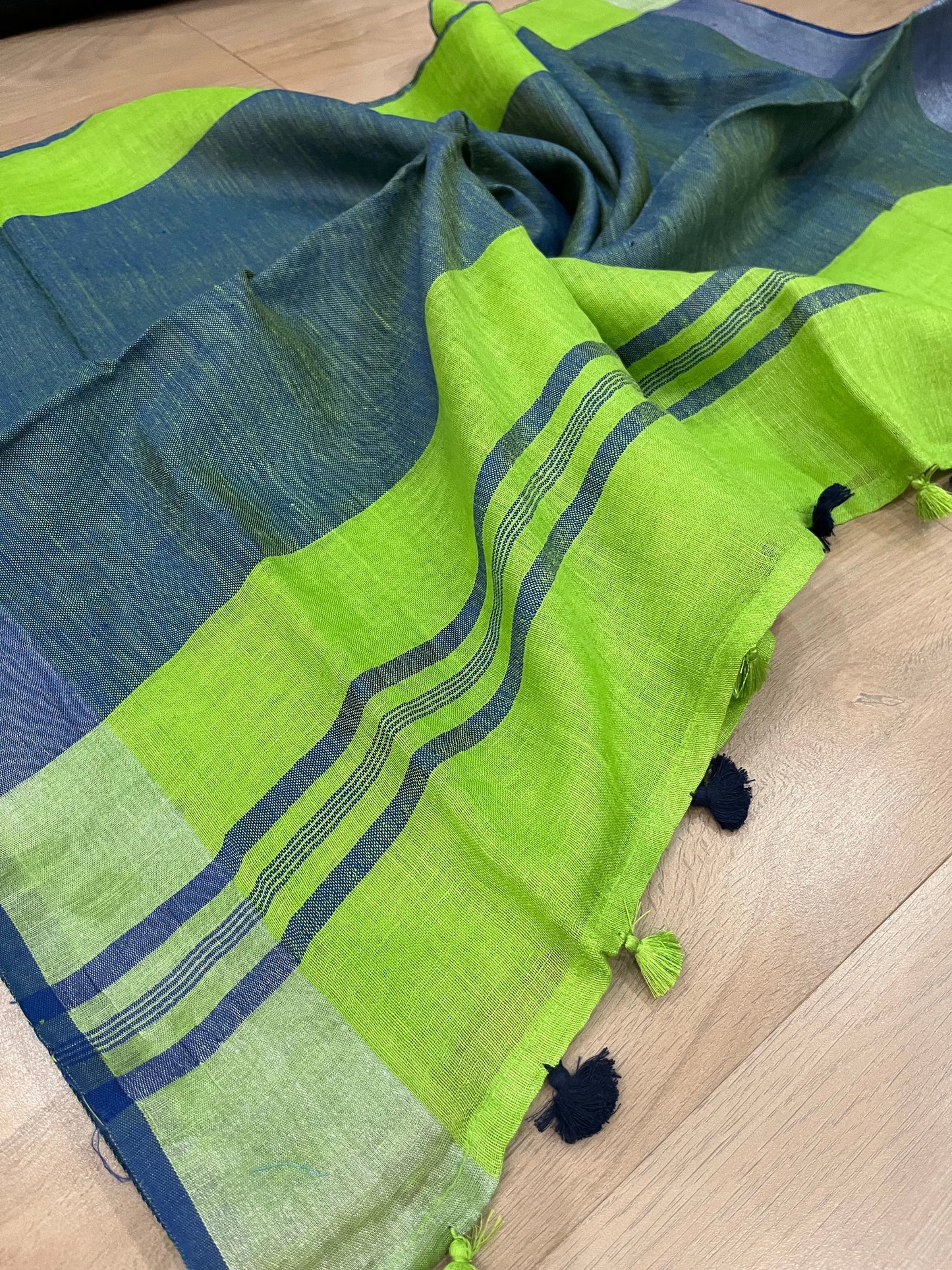 Green Handwoven organic Linen Saree | Silver Zari border| KIHUMS Saree