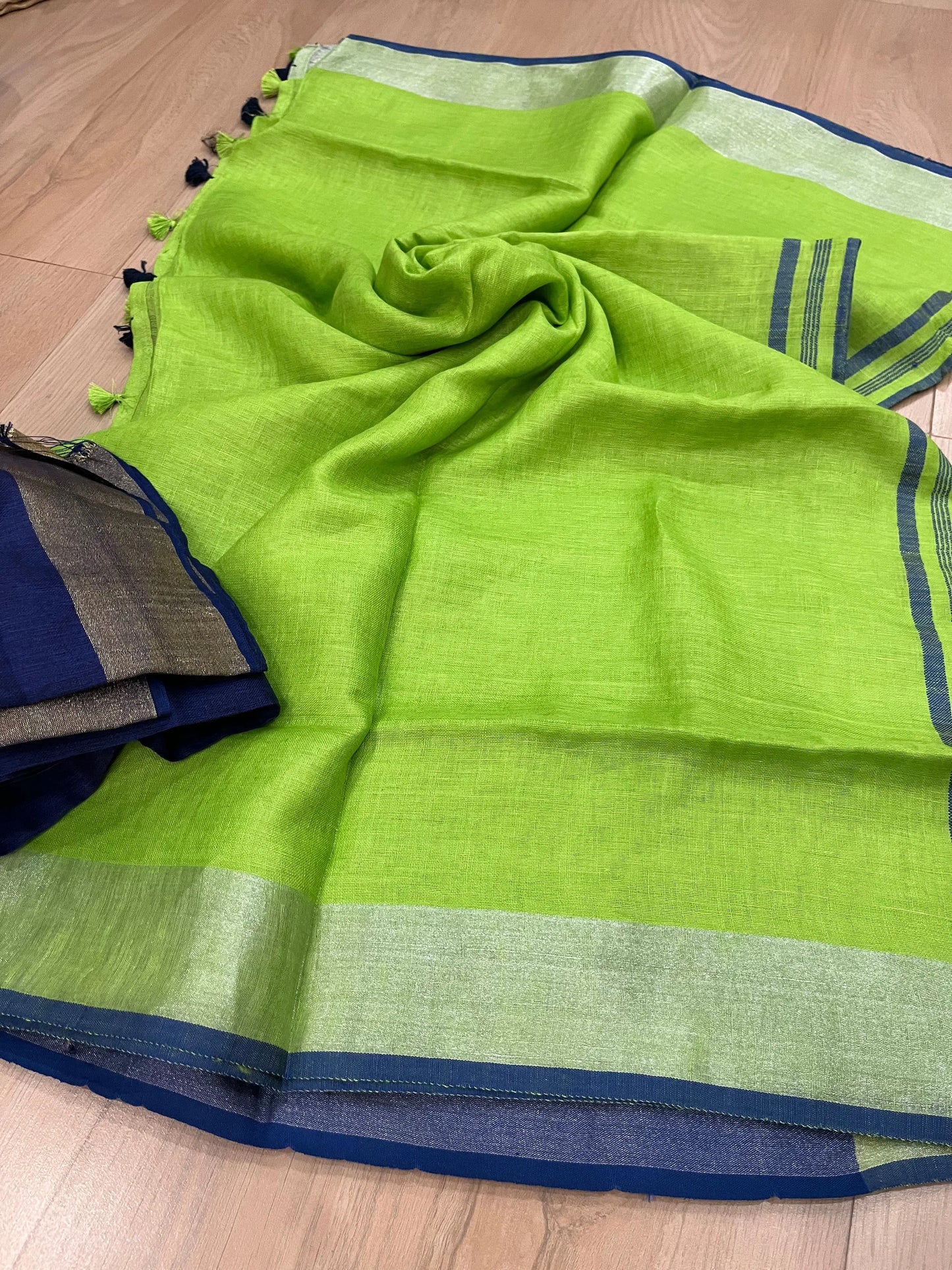 Green Handwoven organic Linen Saree | Silver Zari border| KIHUMS Saree