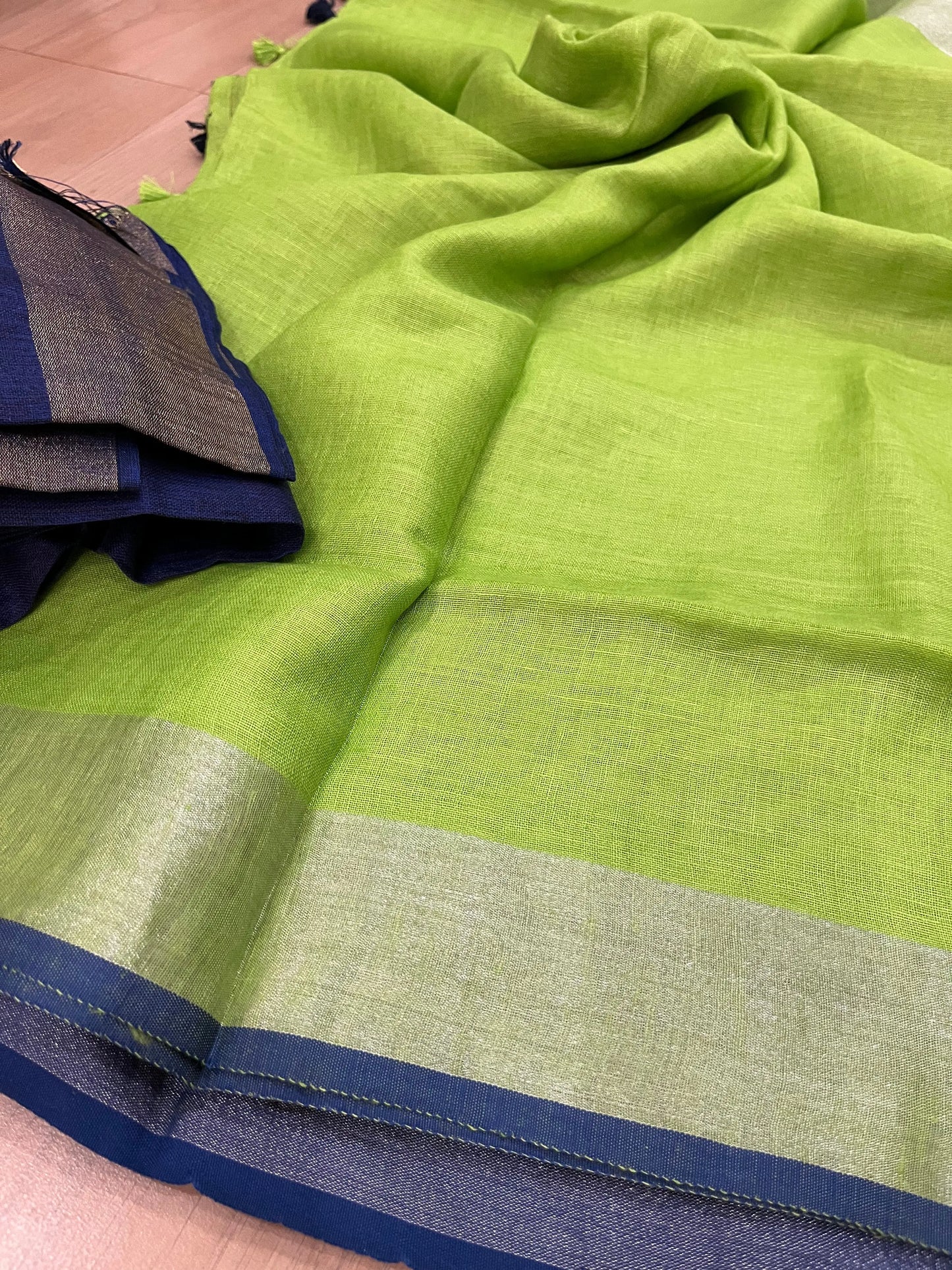 Green Handwoven organic Linen Saree | Silver Zari border| KIHUMS Saree
