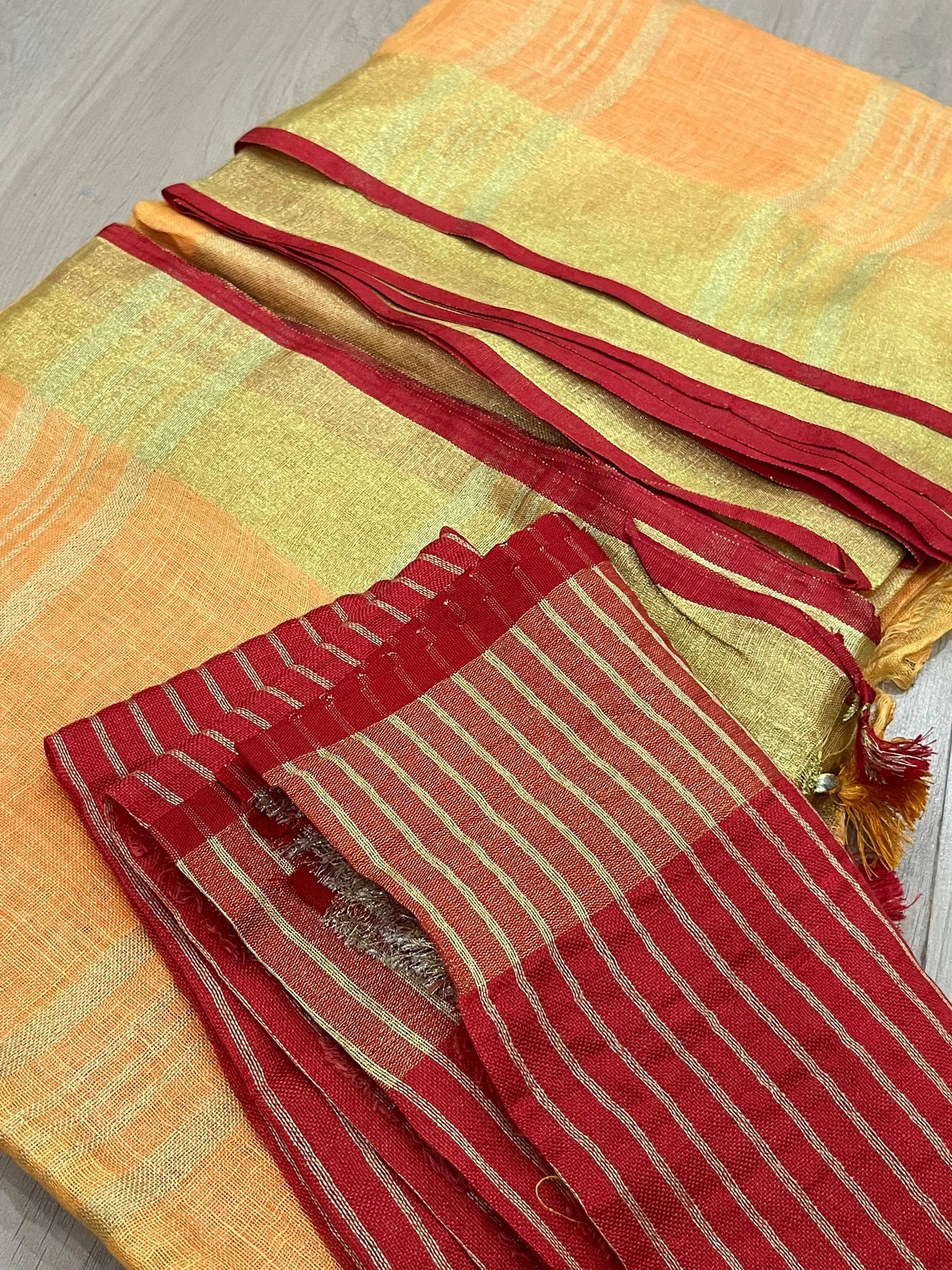 Yellow Handwoven organic Linen Saree | Gold Zari border| KIHUMS Saree