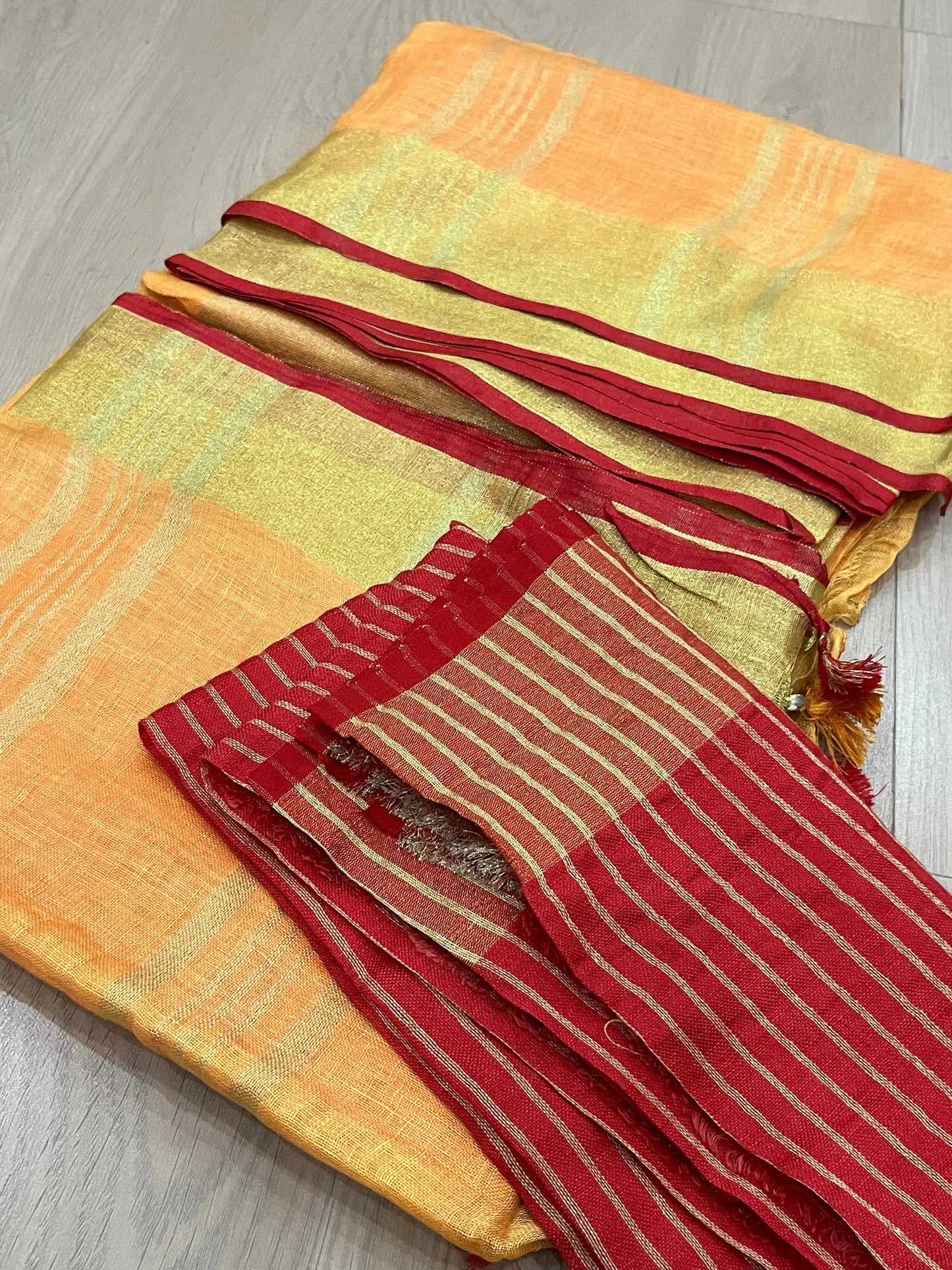 Yellow Handwoven organic Linen Saree | Gold Zari border| KIHUMS Saree