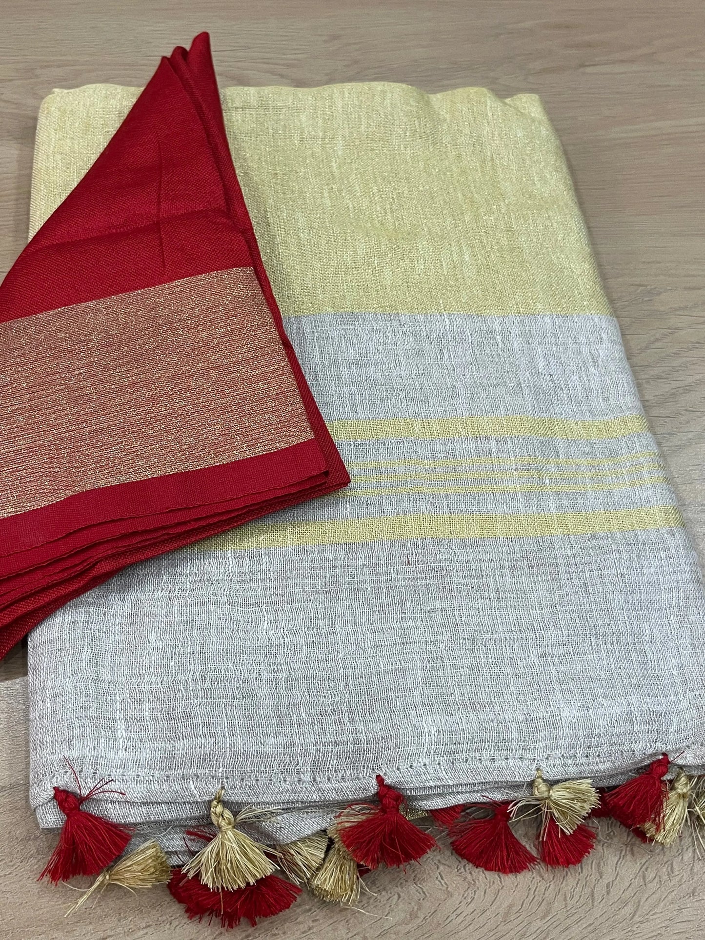 Off White Handwoven organic Linen Saree | Gold Zari border| KIHUMS Saree kihums clothing