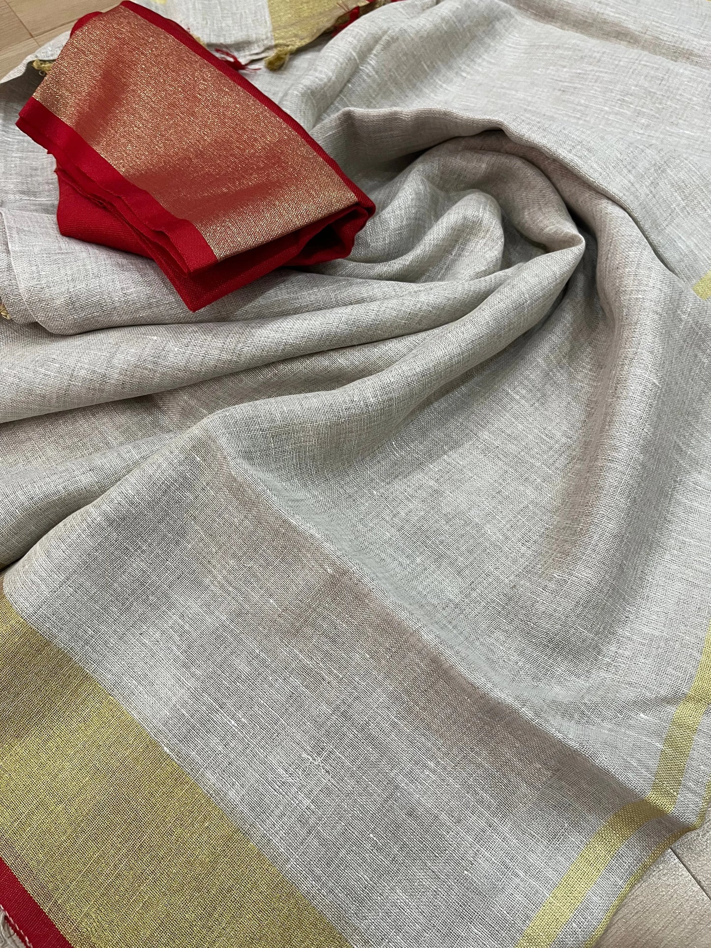 Off White Handwoven organic Linen Saree | Gold Zari border| KIHUMS Saree kihums clothing