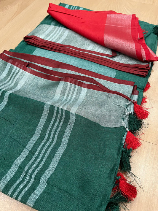 Green Handwoven organic Linen Saree | Silver Zari border| KIHUMS Saree kihums clothing