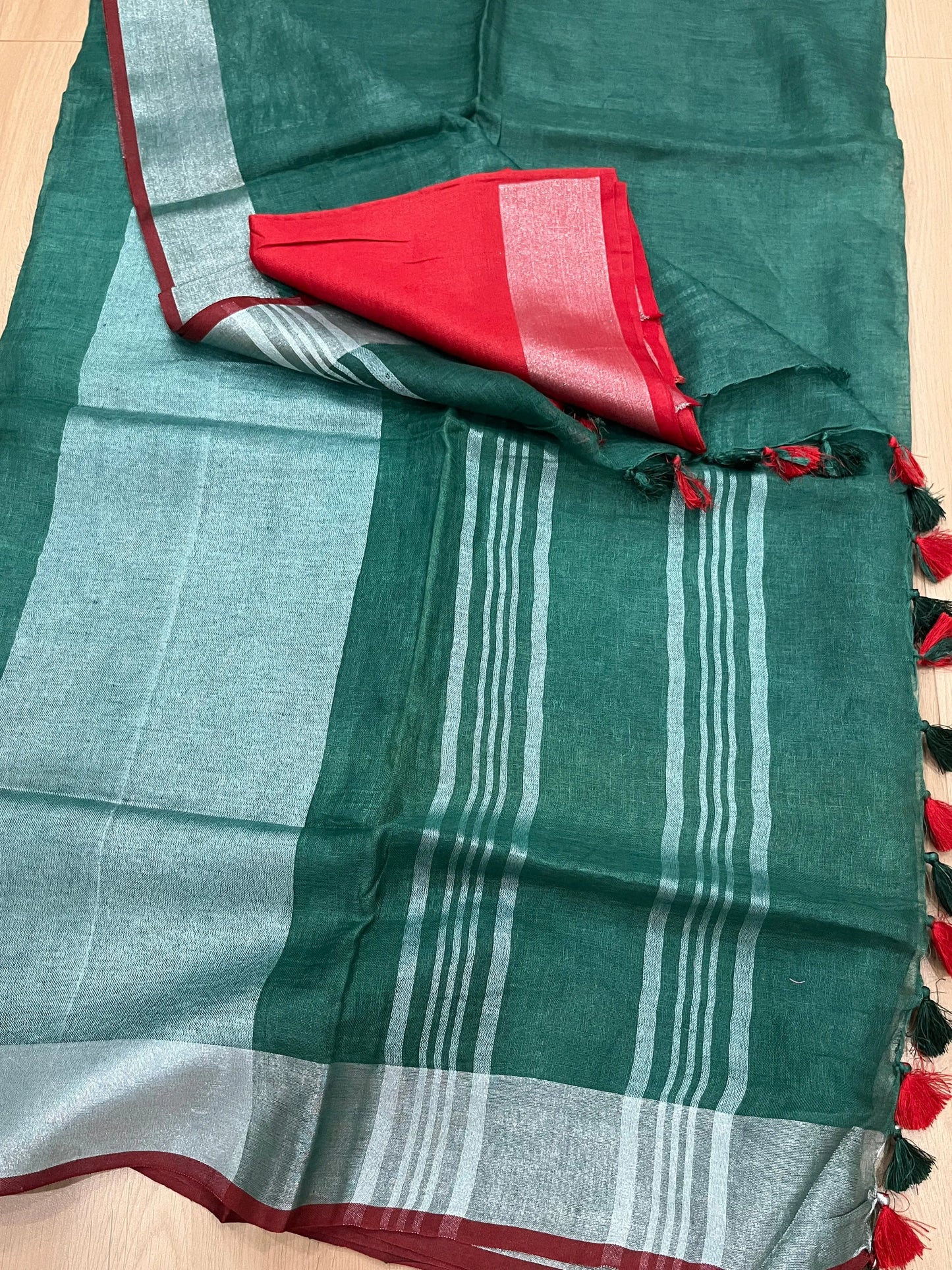 Green Handwoven organic Linen Saree | Silver Zari border| KIHUMS Saree kihums clothing