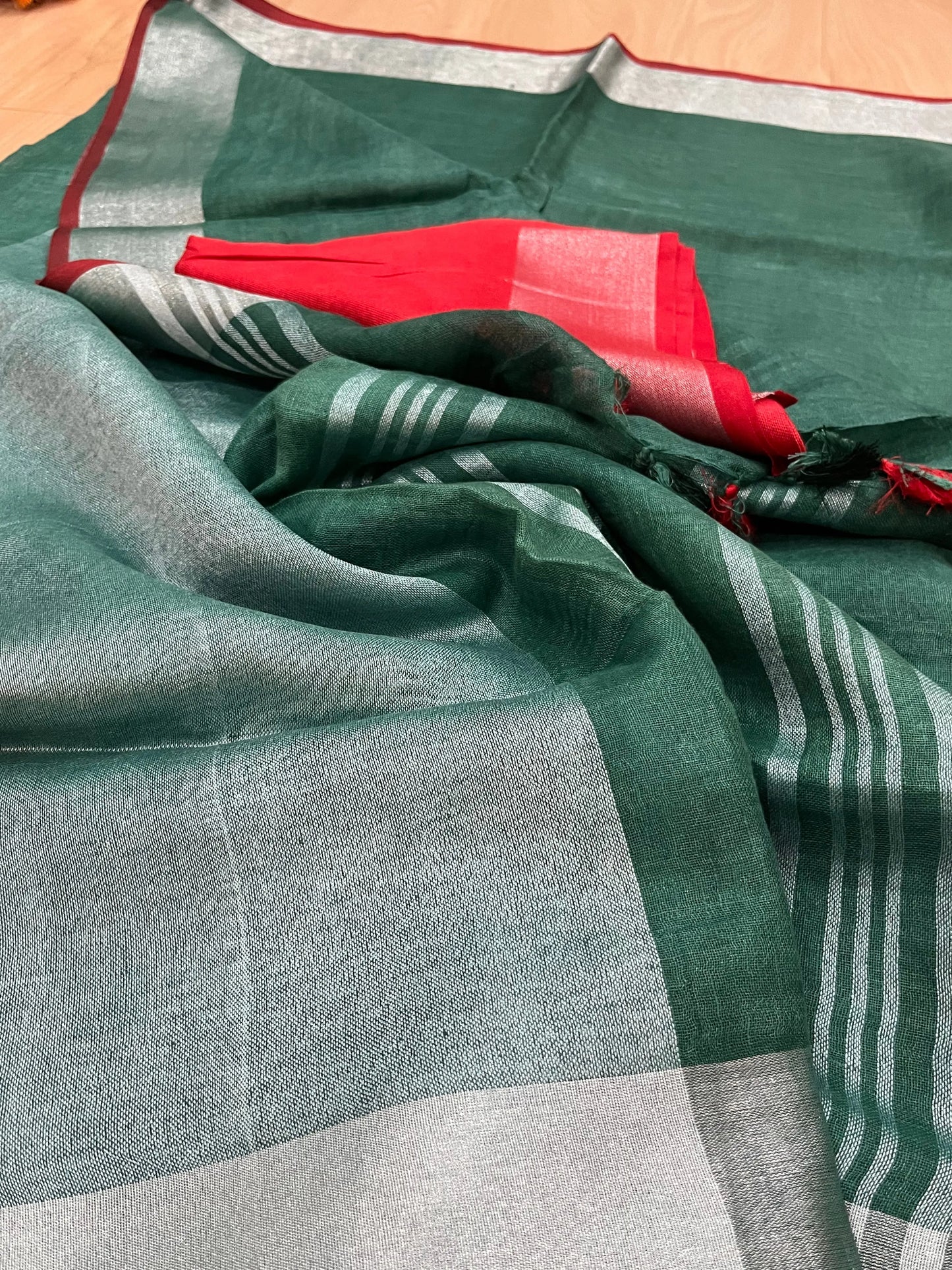 Green Handwoven organic Linen Saree | Silver Zari border| KIHUMS Saree kihums clothing