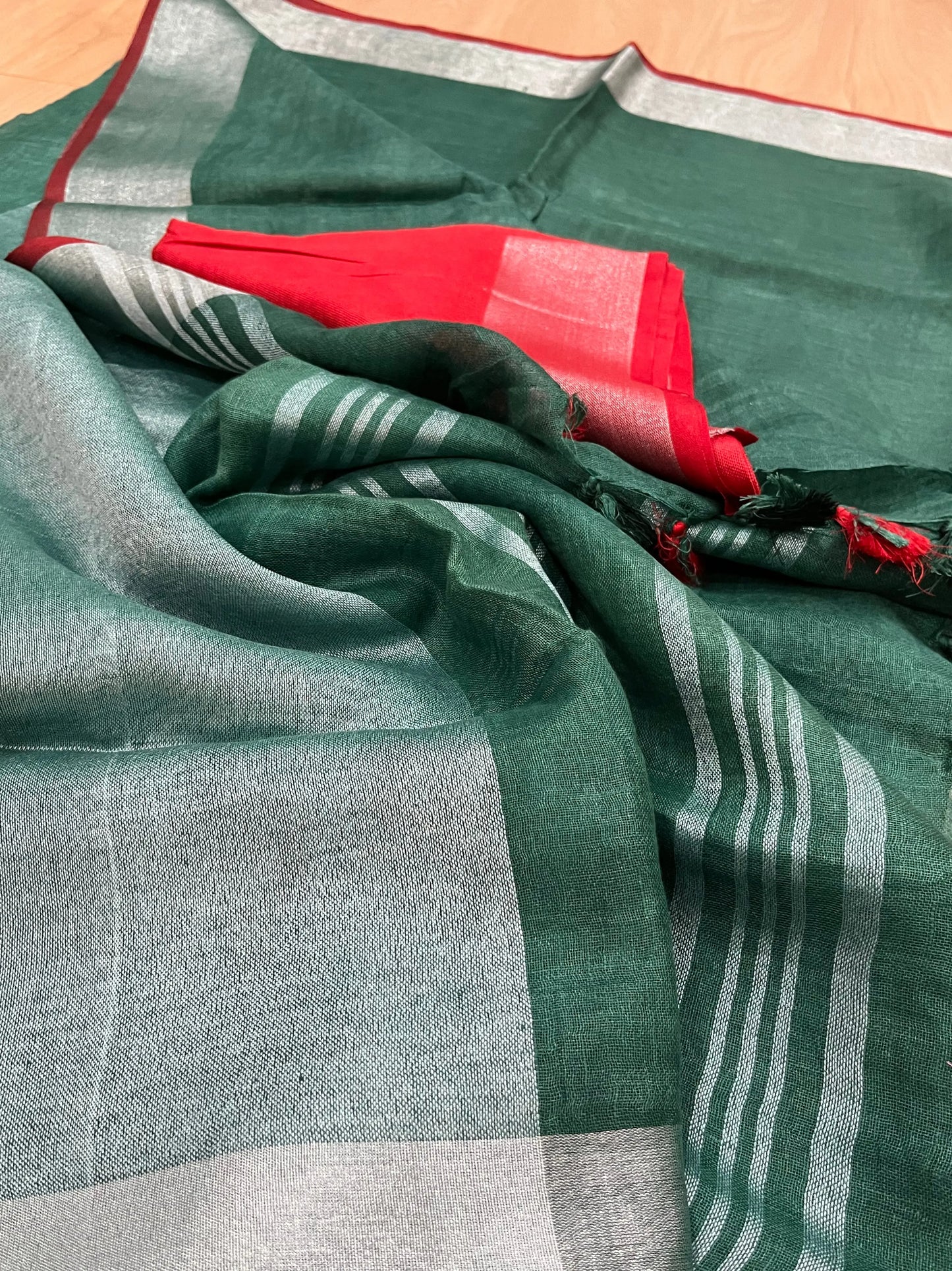 Green Handwoven organic Linen Saree | Silver Zari border| KIHUMS Saree kihums clothing