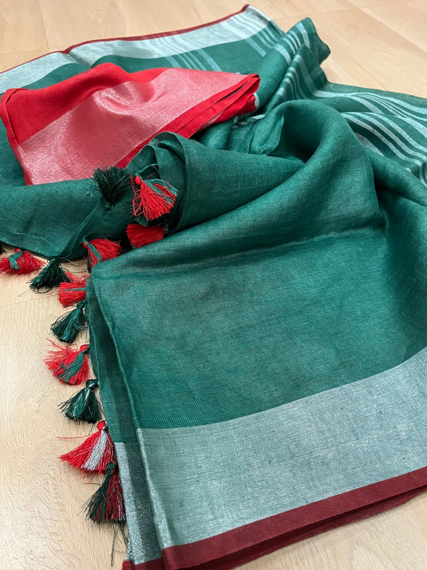 Green Handwoven organic Linen Saree | Silver Zari border| KIHUMS Saree kihums clothing