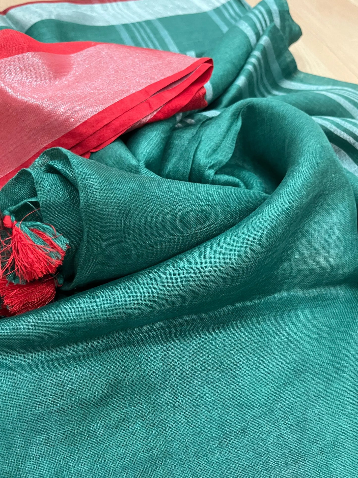 Green Handwoven organic Linen Saree | Silver Zari border| KIHUMS Saree kihums clothing