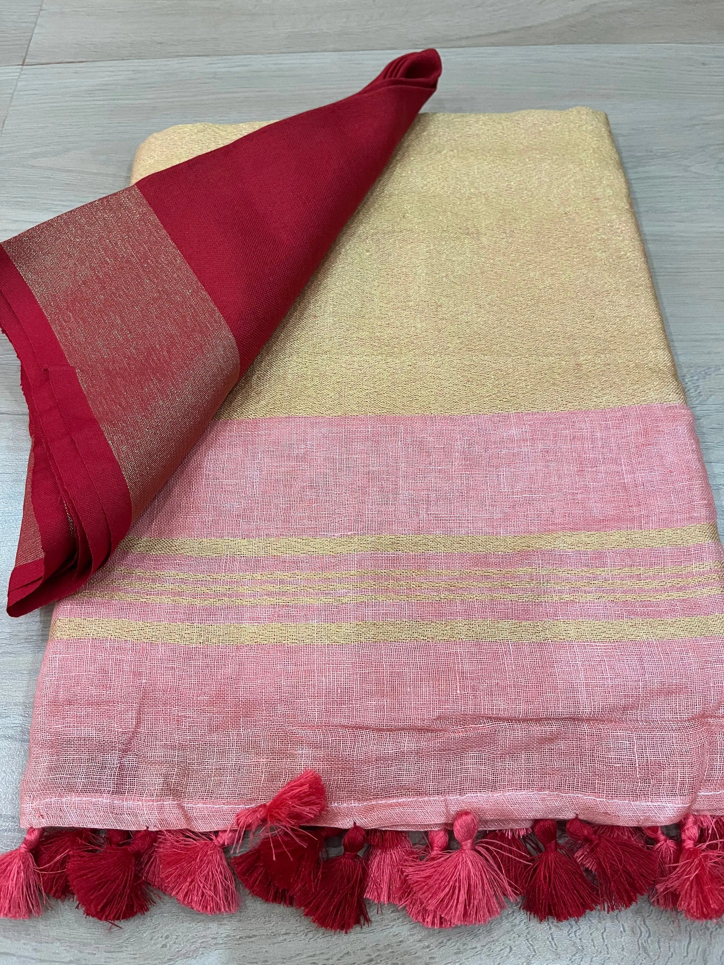 Blush Pink Handwoven organic Linen Saree | Gold Zari border| KIHUMS Saree kihums clothing