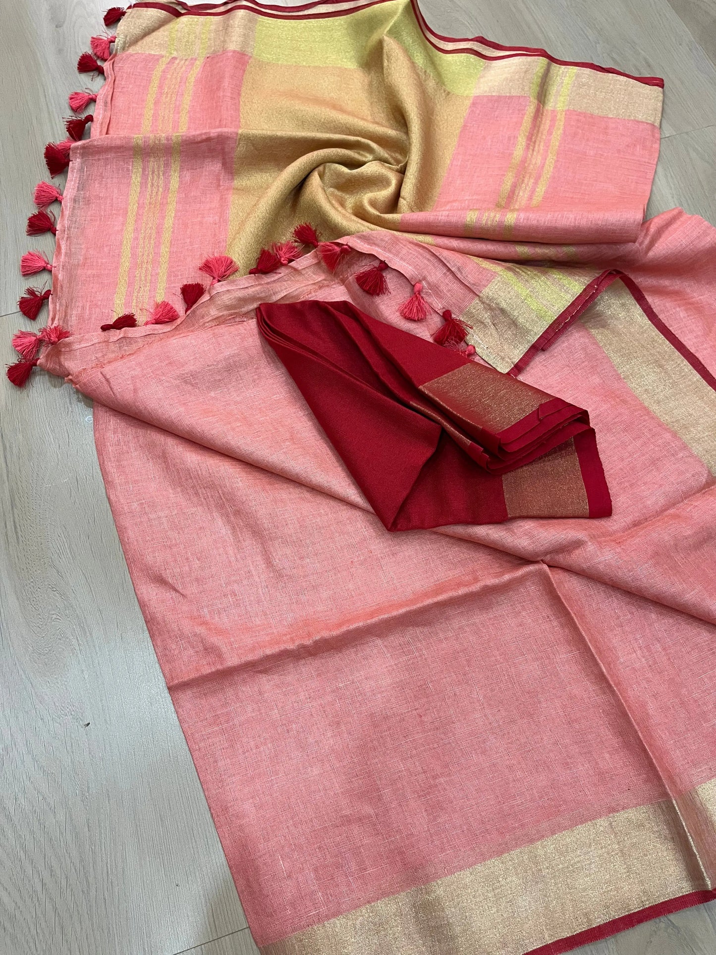Blush Pink Handwoven organic Linen Saree | Gold Zari border| KIHUMS Saree kihums clothing