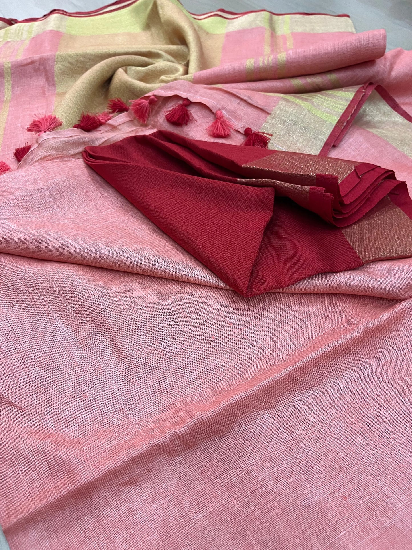 Blush Pink Handwoven organic Linen Saree | Gold Zari border| KIHUMS Saree kihums clothing