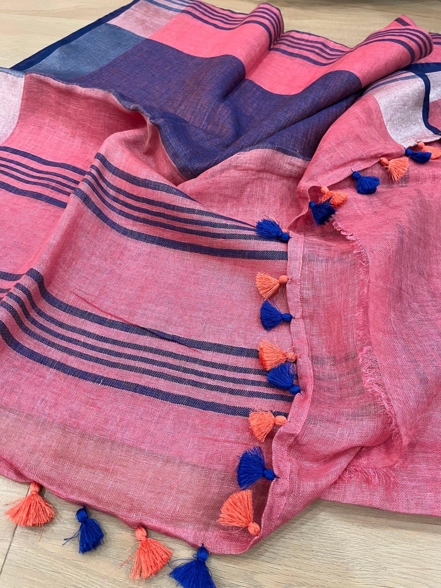 Pink Handwoven organic Linen Saree | Silver Zari border| KIHUMS Saree kihums clothing