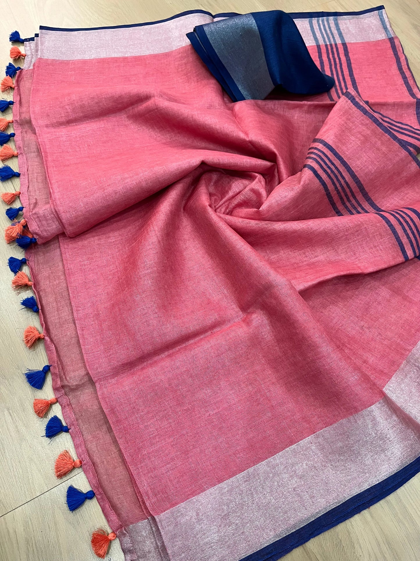 Pink Handwoven organic Linen Saree | Silver Zari border| KIHUMS Saree kihums clothing