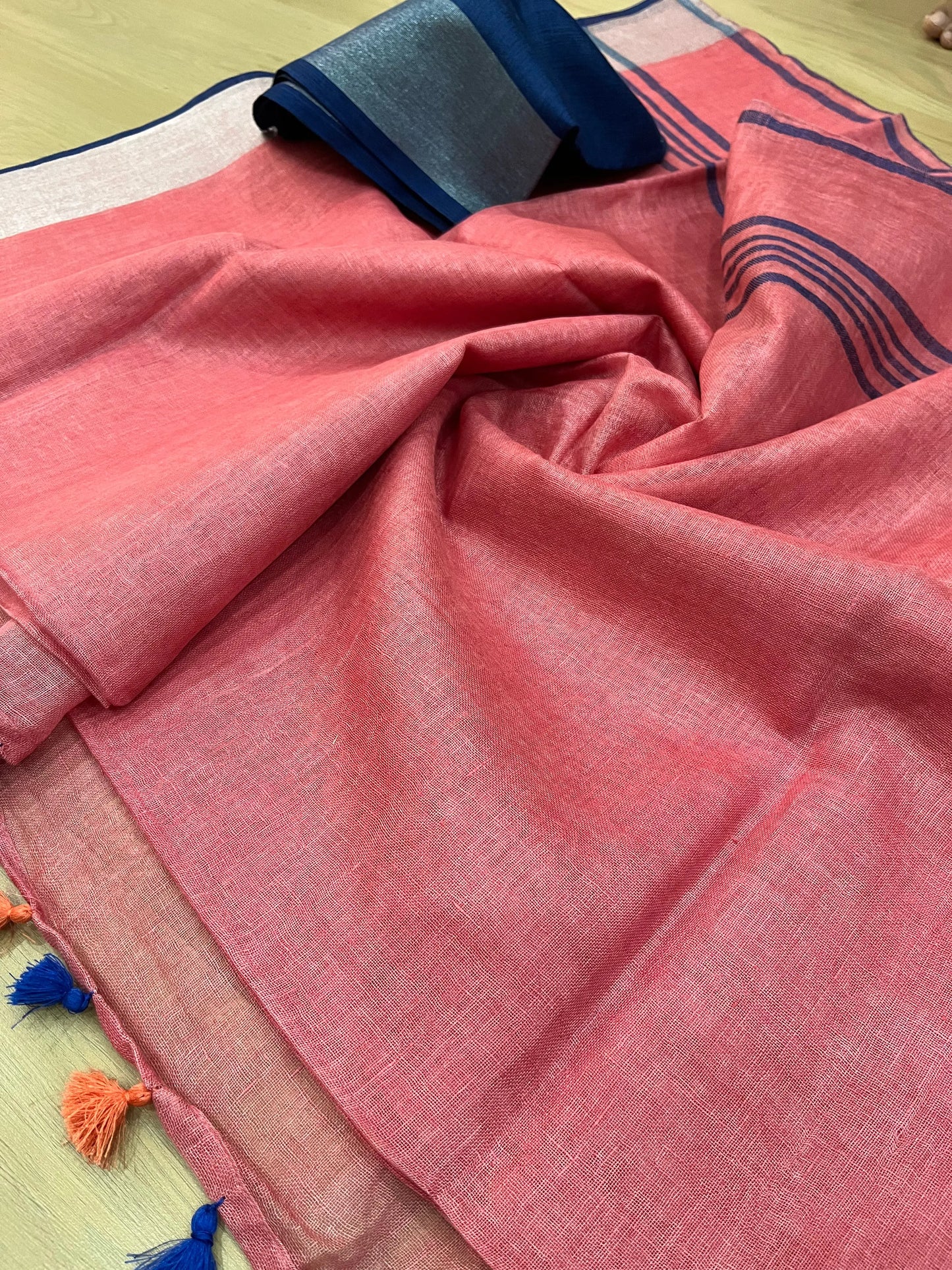 Pink Handwoven organic Linen Saree | Silver Zari border| KIHUMS Saree kihums clothing