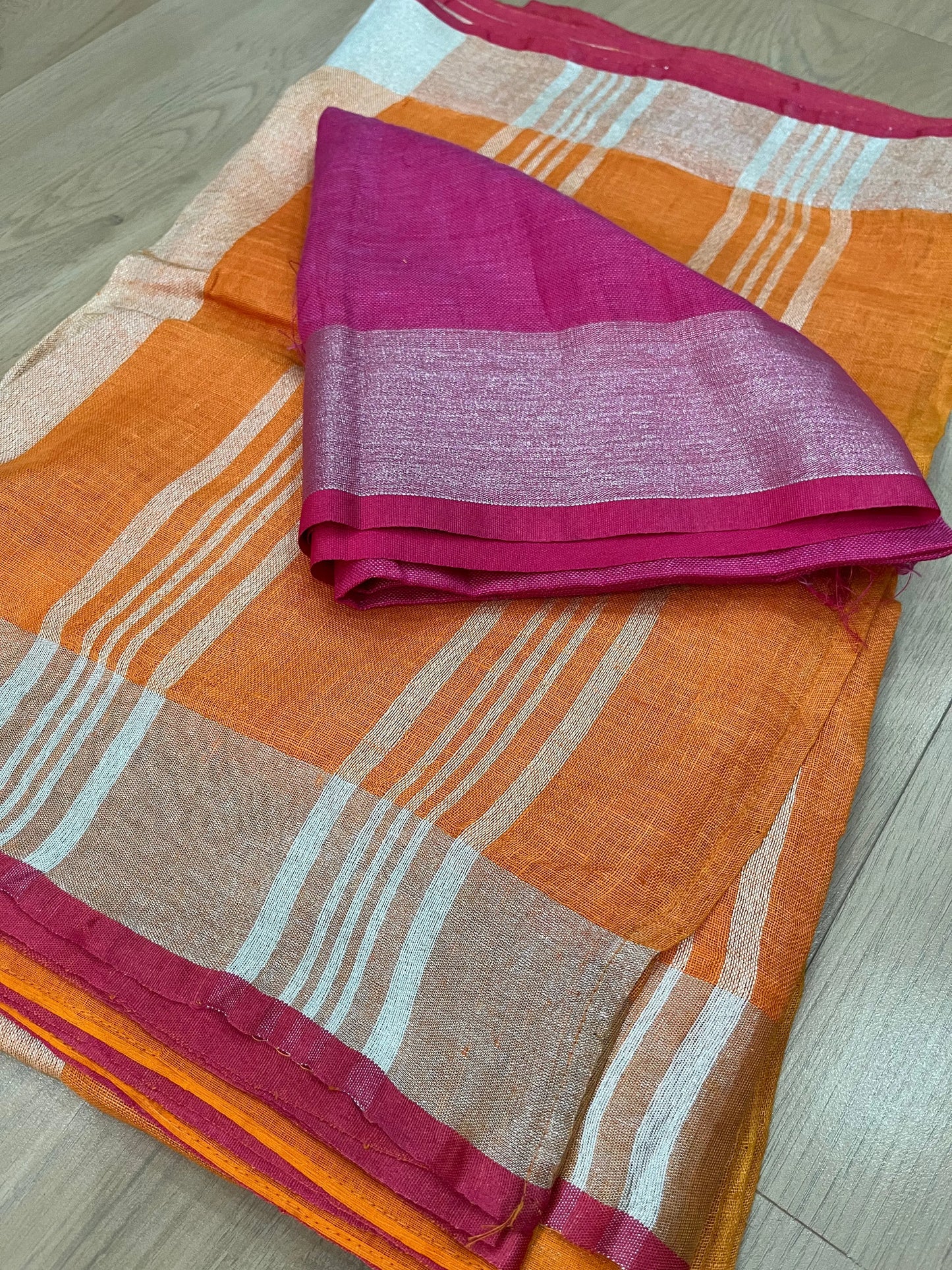 Orange Handwoven organic Linen Saree | Silver Zari border| KIHUMS Saree kihums clothing