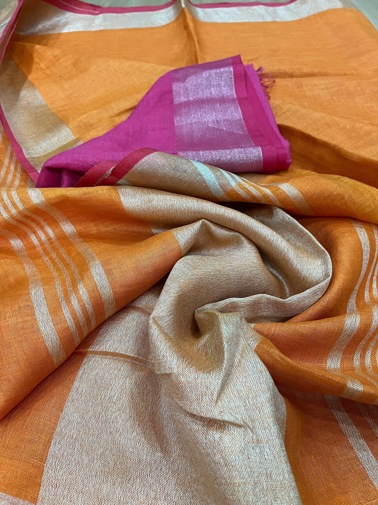 Orange Handwoven organic Linen Saree | Silver Zari border| KIHUMS Saree kihums clothing