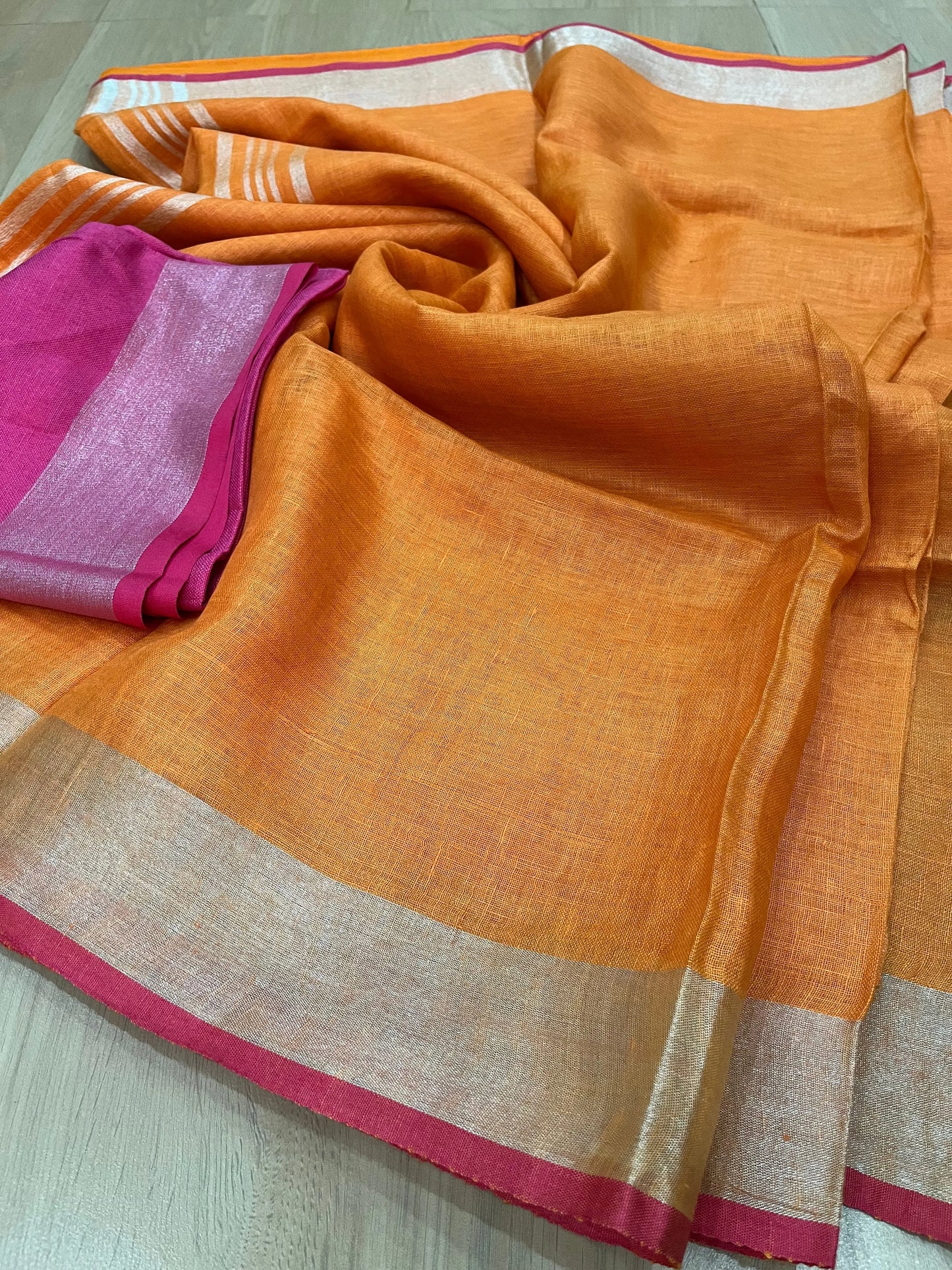 Orange Handwoven organic Linen Saree | Silver Zari border| KIHUMS Saree kihums clothing