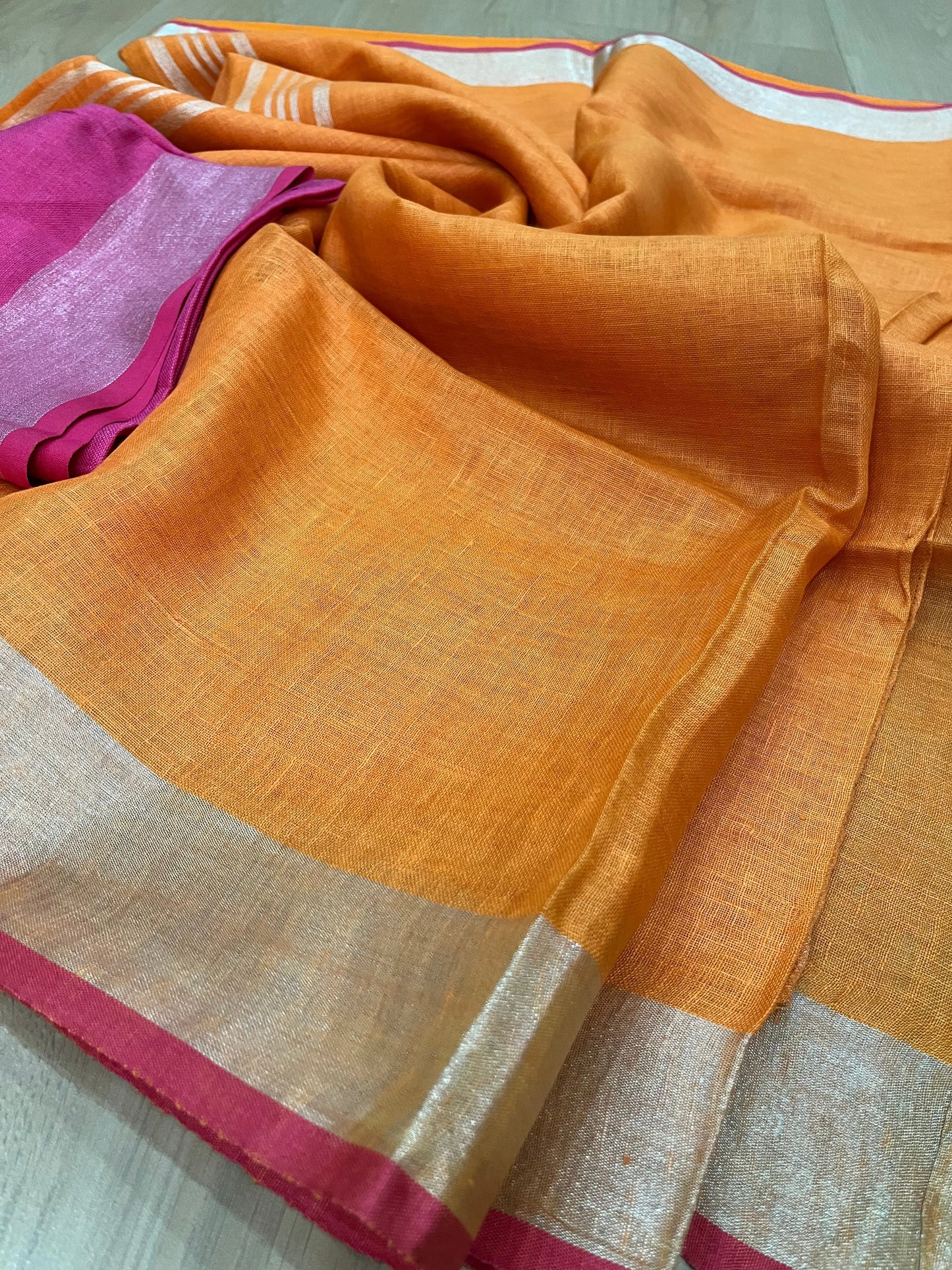 Orange Handwoven organic Linen Saree | Silver Zari border| KIHUMS Saree kihums clothing