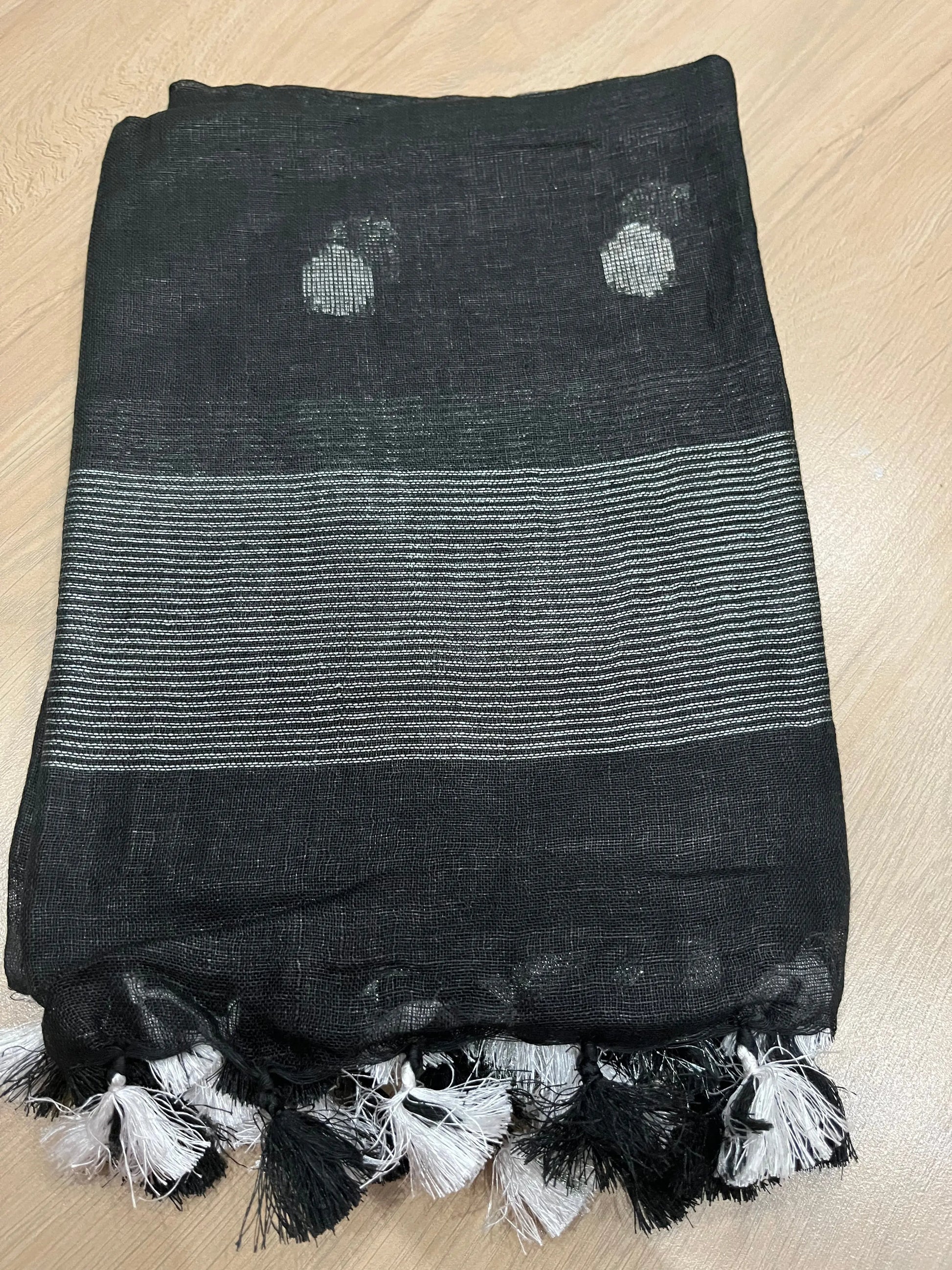 LINEN DUPATTA: Black Linen Dupatta with zari motif & silver zari border with Tassels | KIHUMS Dupatta kihums clothing
