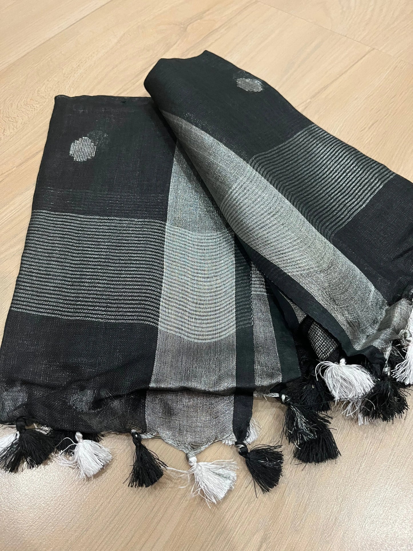 LINEN DUPATTA: Black Linen Dupatta with zari motif & silver zari border with Tassels | KIHUMS Dupatta kihums clothing