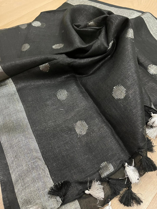 LINEN DUPATTA: Black Linen Dupatta with zari motif & silver zari border with Tassels | KIHUMS Dupatta kihums clothing