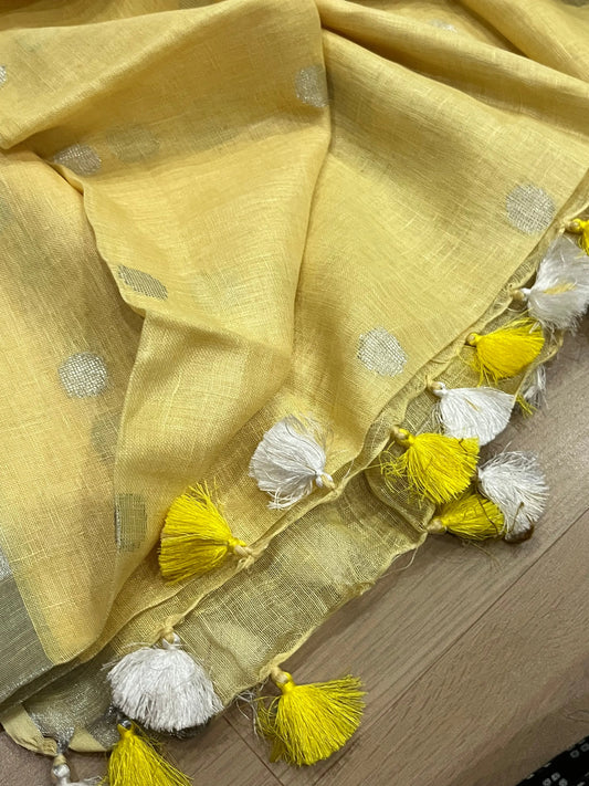 LINEN DUPATTA: Light Yellow Linen Dupatta with zari motif & silver zari border with Tassels | KIHUMS Dupatta kihums clothing