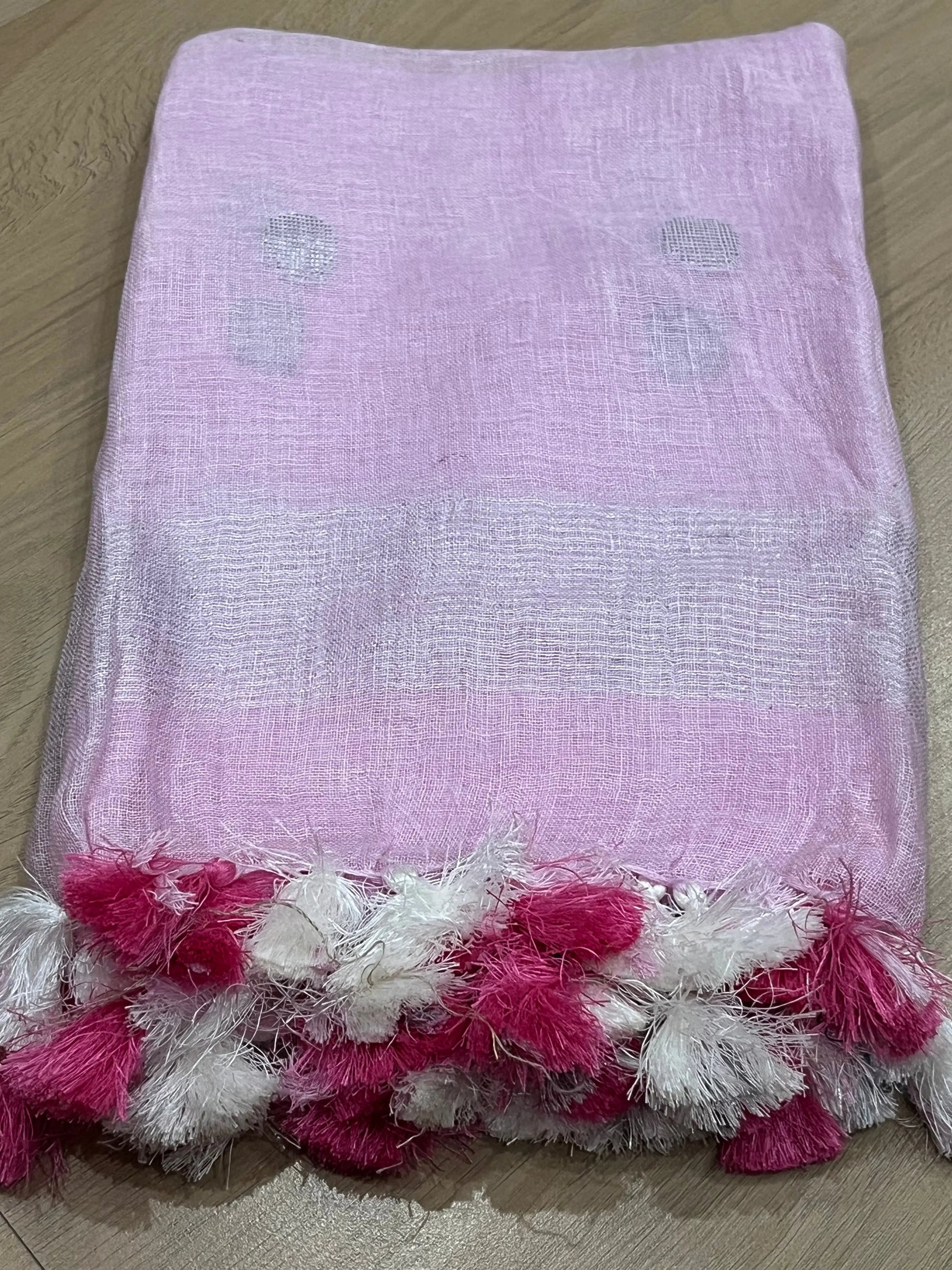 LINEN DUPATTA: Pink Linen Dupatta with zari motif & silver zari border with Tassels | KIHUMS Dupatta kihums clothing