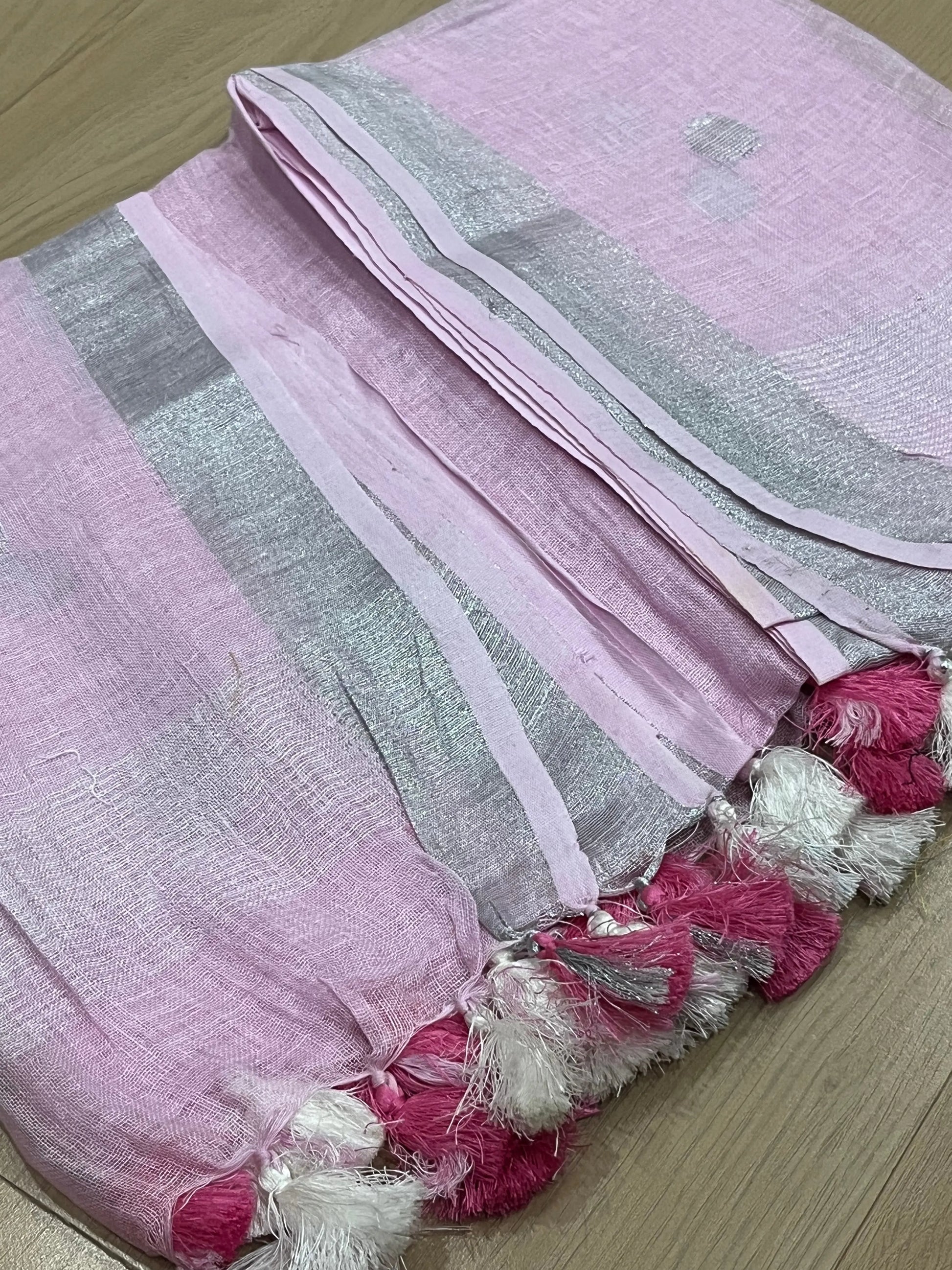 LINEN DUPATTA: Pink Linen Dupatta with zari motif & silver zari border with Tassels | KIHUMS Dupatta kihums clothing