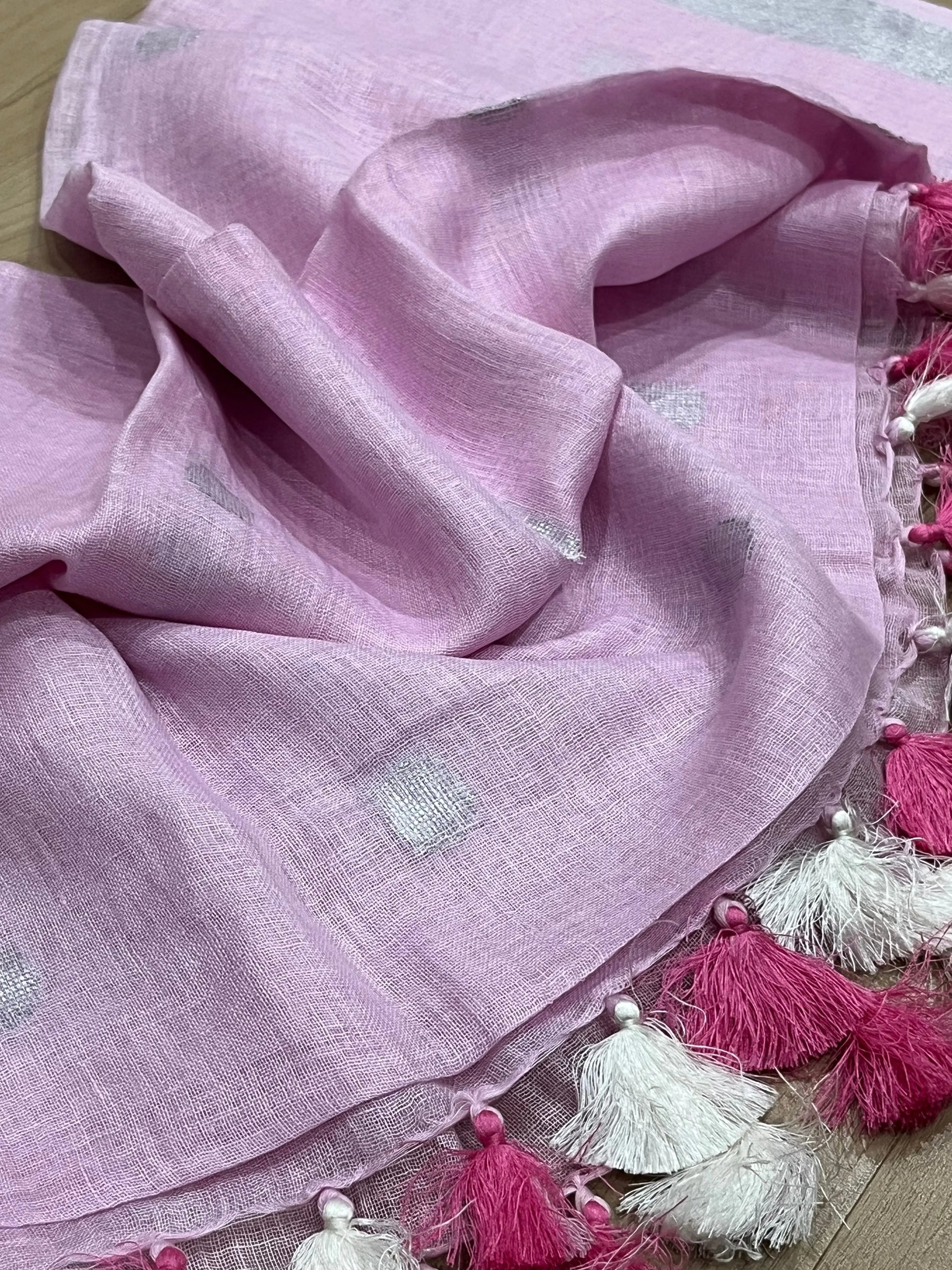 LINEN DUPATTA: Pink Linen Dupatta with zari motif & silver zari border with Tassels | KIHUMS Dupatta kihums clothing