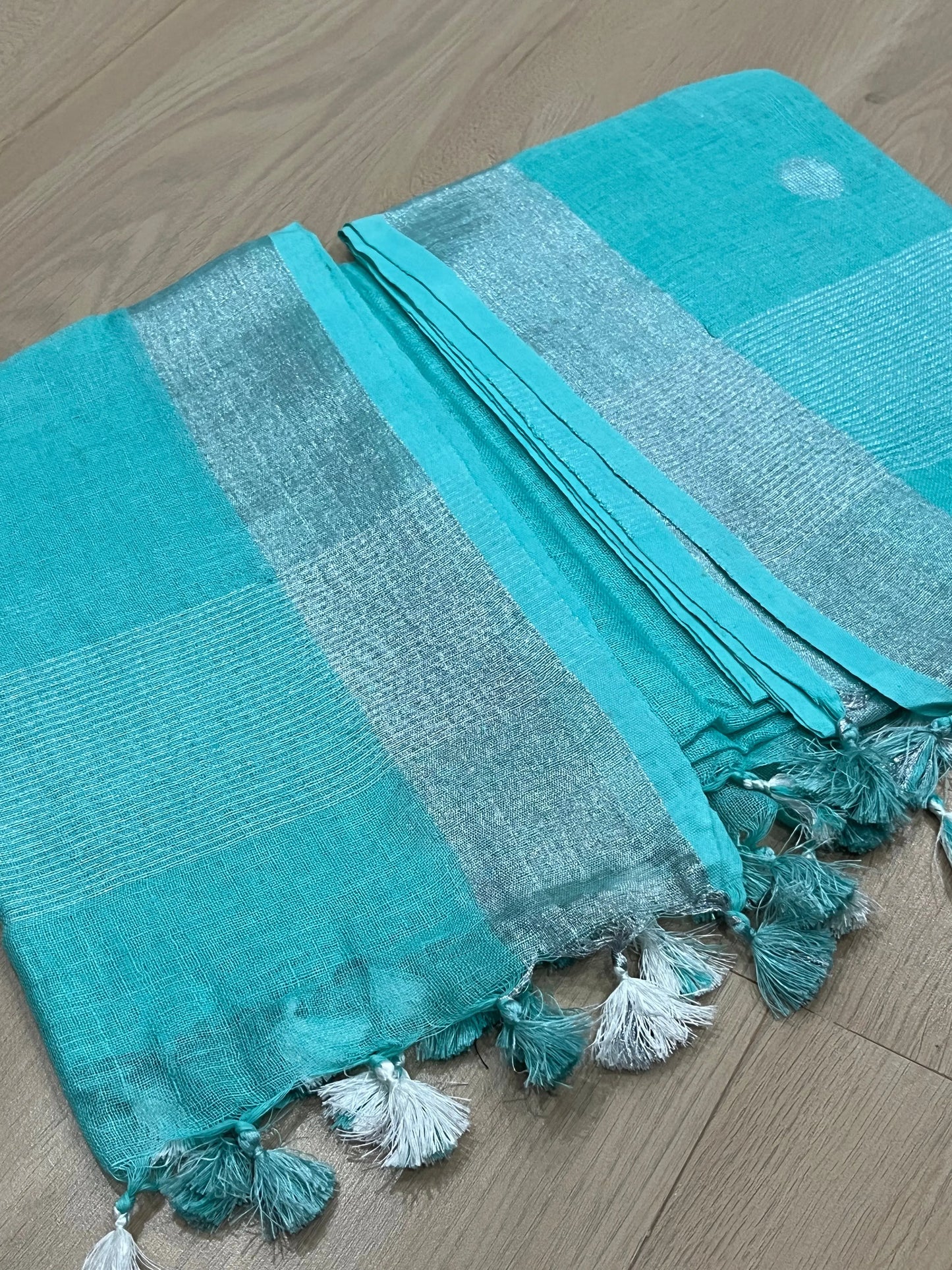 LINEN DUPATTA: Turquoise Linen Dupatta with zari motif & silver zari border with Tassels | KIHUMS Dupatta kihums clothing