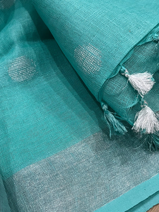LINEN DUPATTA: Turquoise Linen Dupatta with zari motif & silver zari border with Tassels | KIHUMS Dupatta kihums clothing