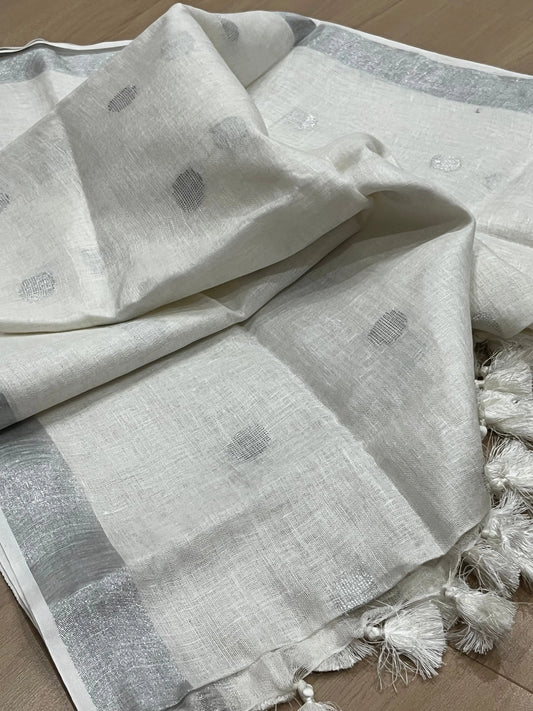 LINEN DUPATTA: White Linen Dupatta with zari motif & silver zari border with Tassels | KIHUMS Dupatta kihums clothing